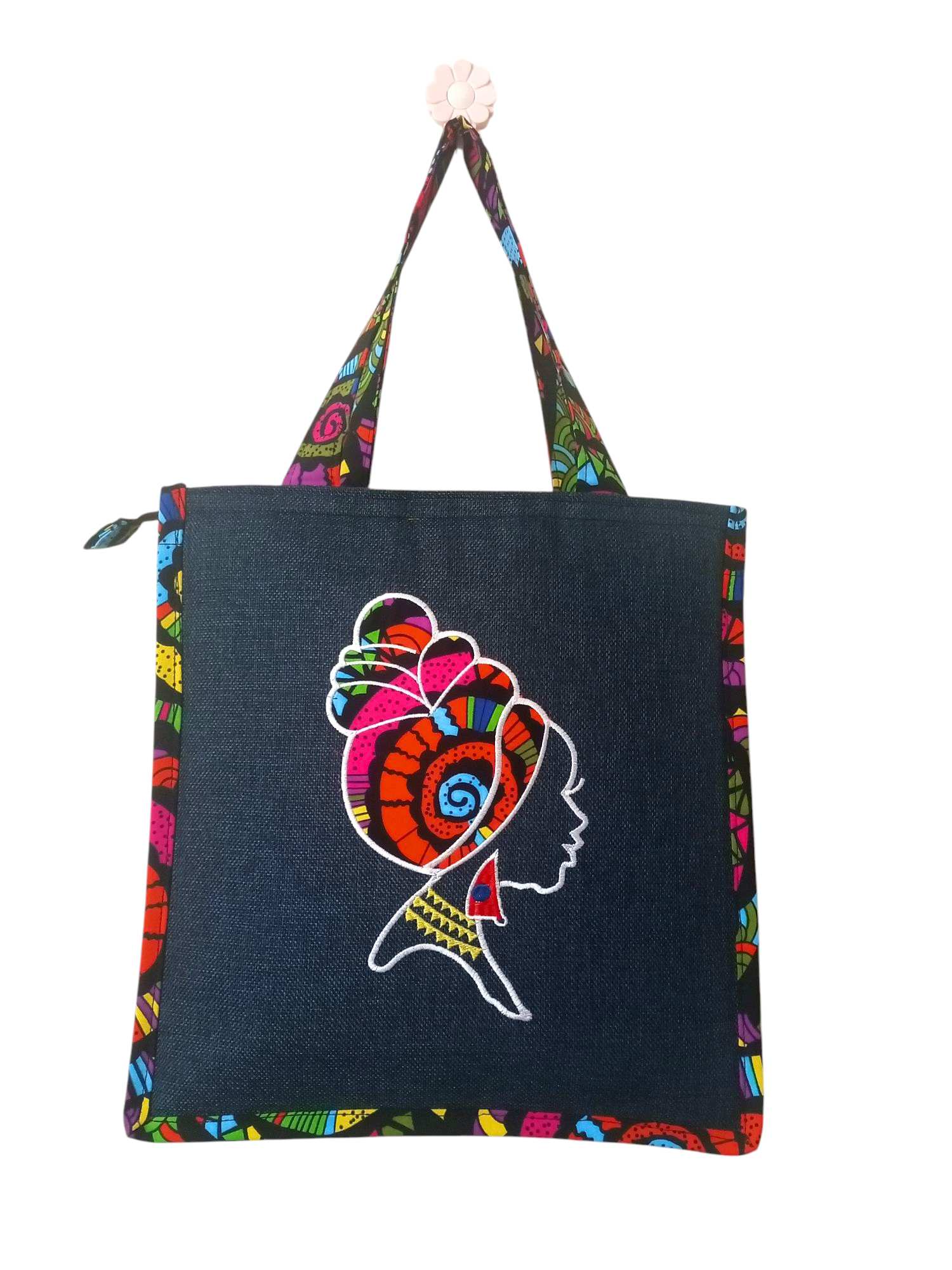 Colorful Tote Bag with African Woman profile. Unique Ethnic Print and Handmade design.