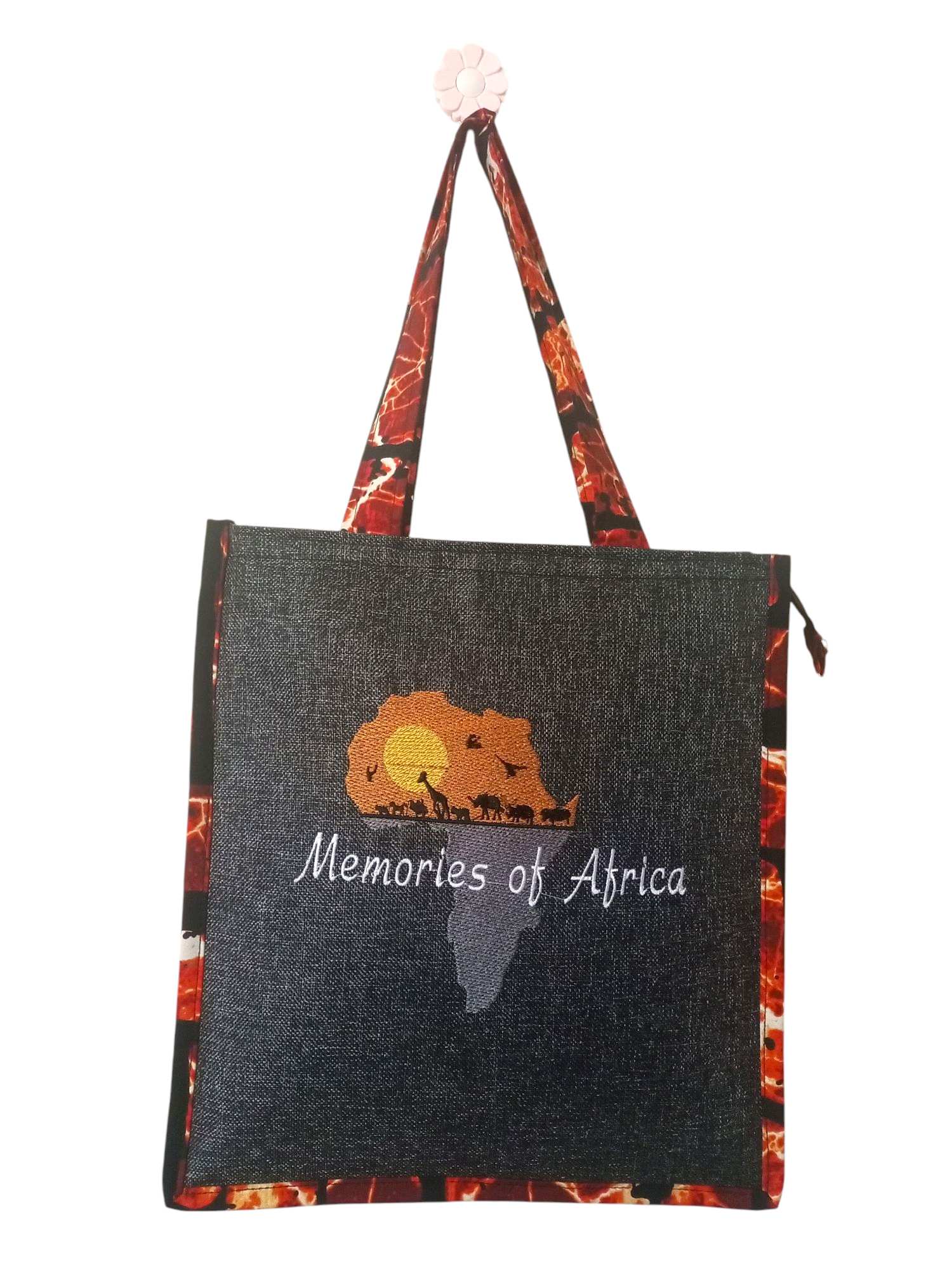 Africa-themed Tote Bag Featuring Embroidered Wildlife Silhouettes and "Memories of Africa"