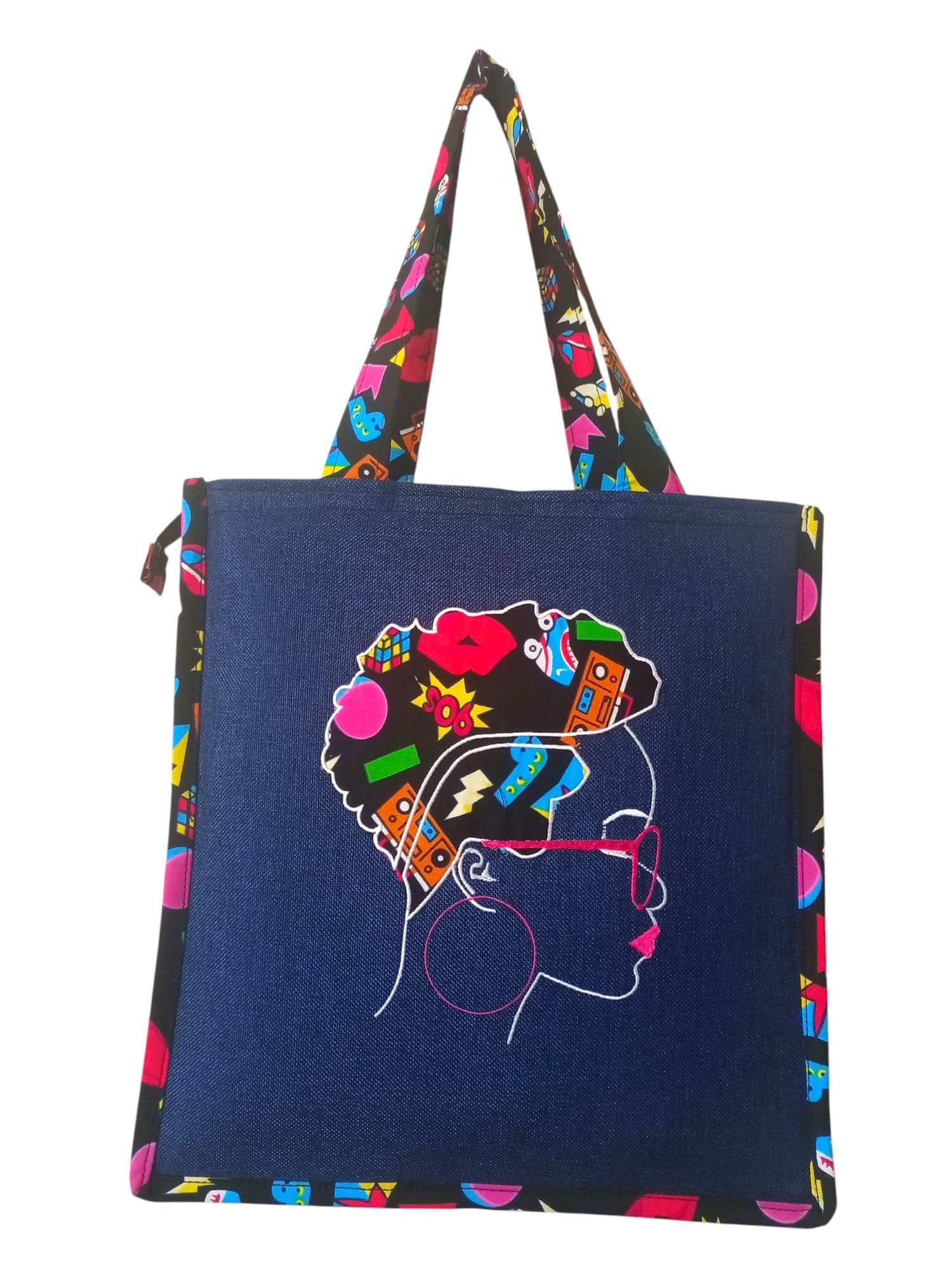Colorful Tote Bag Featuring an Embroidered Portrait of a Woman in Traditional African headwear.