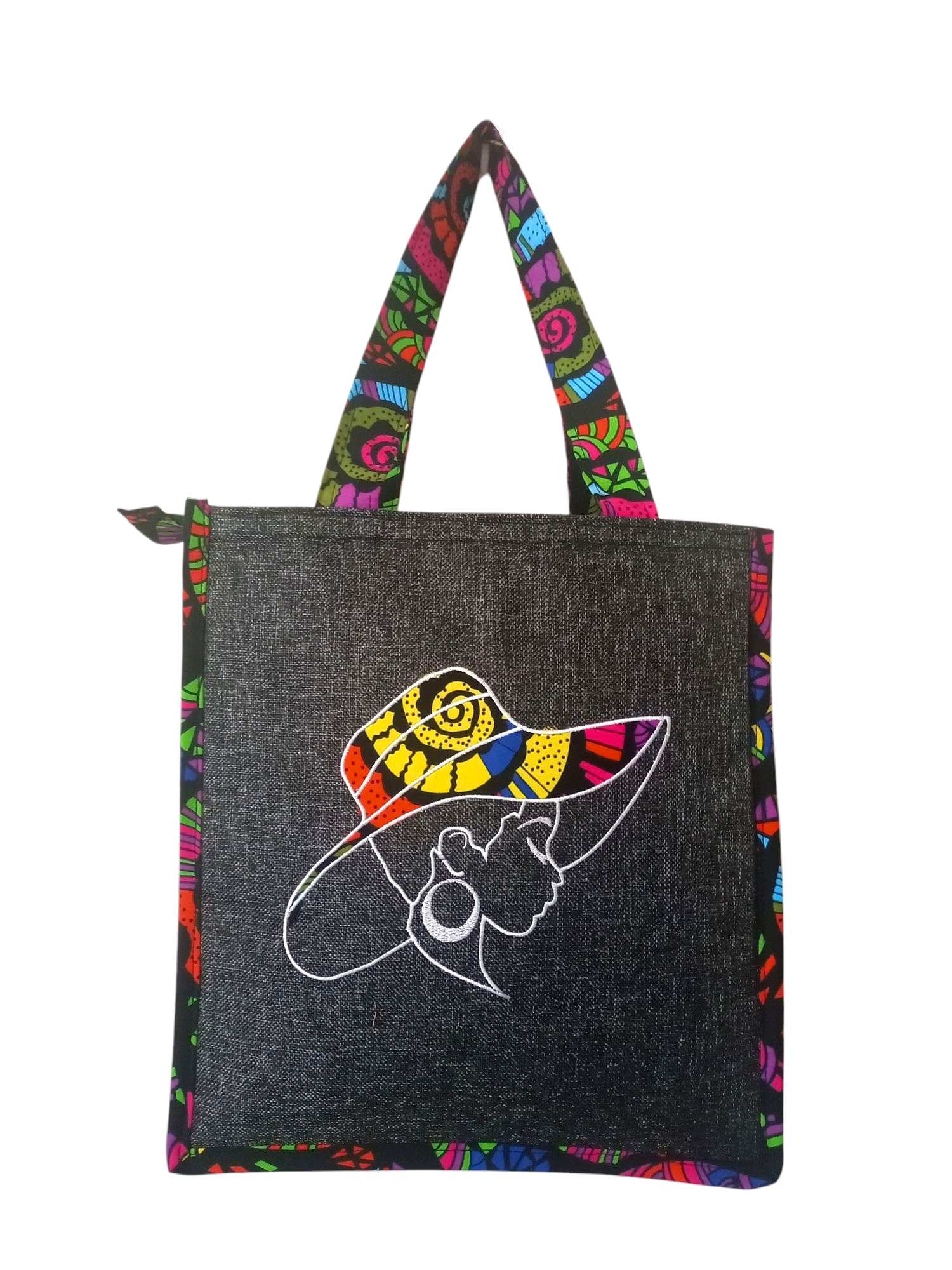 Colorful Tote Bag Featuring a Woman in a Hat design, with Vibrant Patterned Trim and straps.