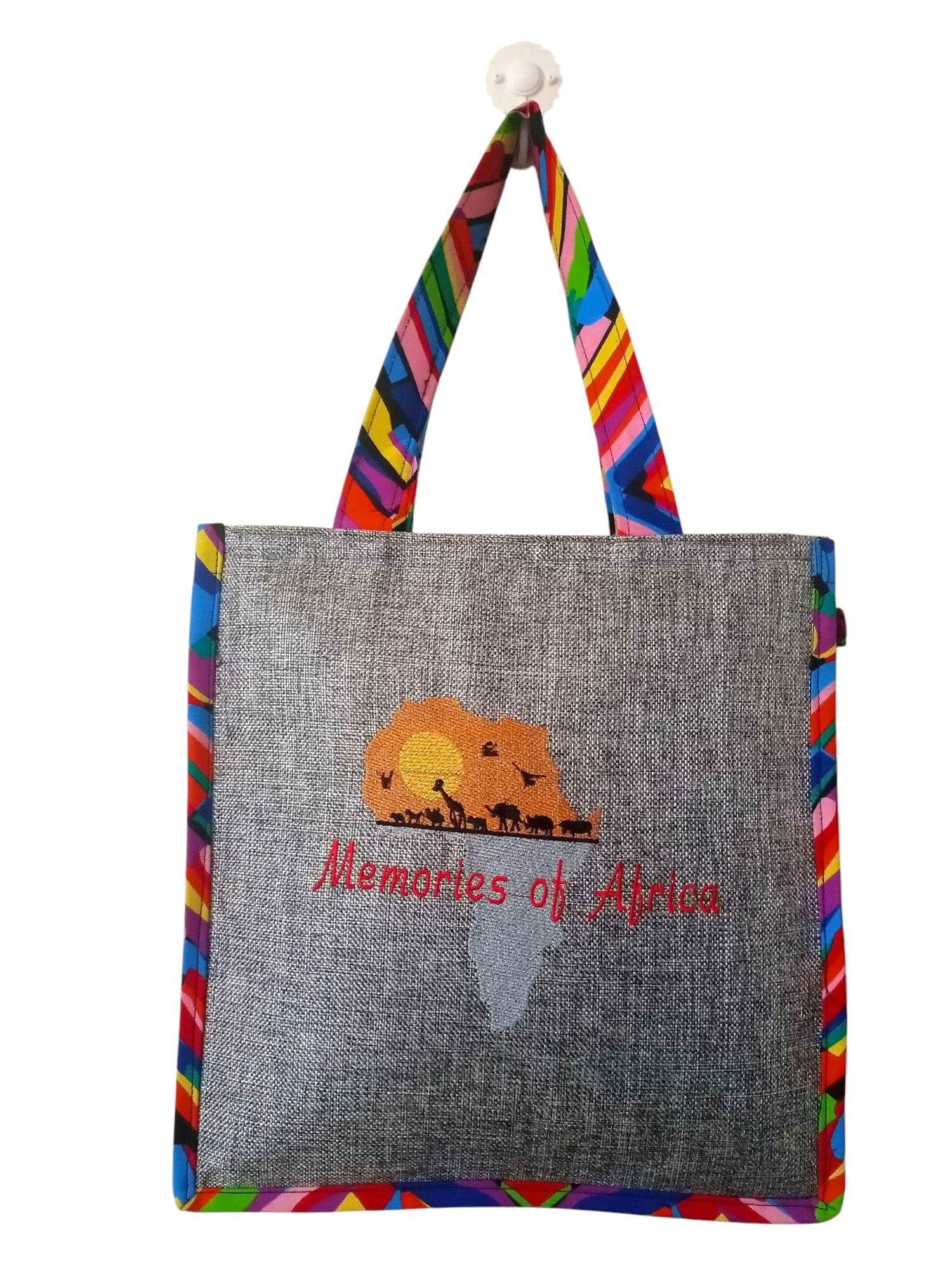 Colorful Tote Bag with "Memories of Africa" Embroidery Featuring African Wildlife and Map outline.