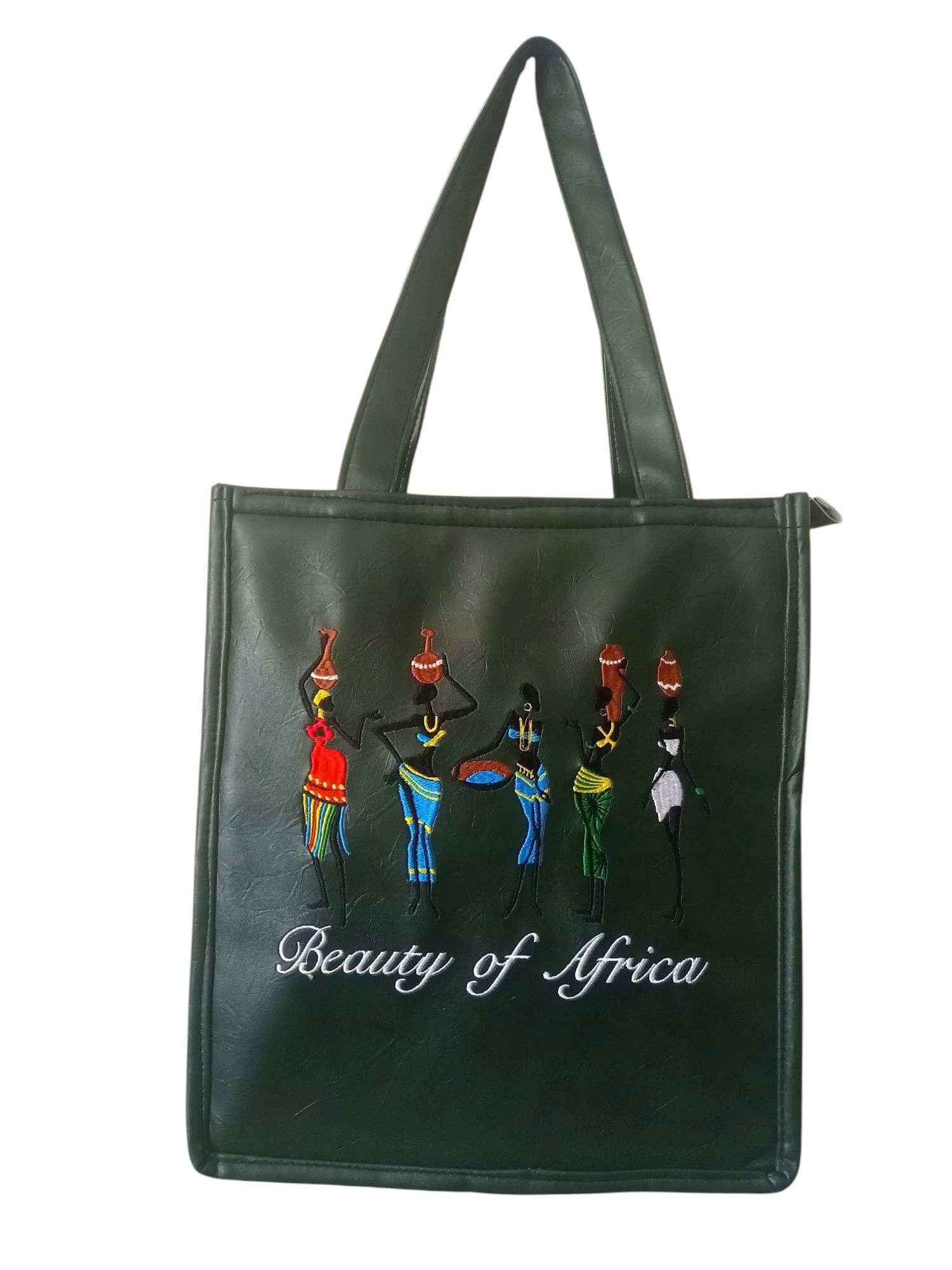 Green Tote Bag Featuring Embroidered African Women Carrying Pottery with "Beauty of Africa" text.