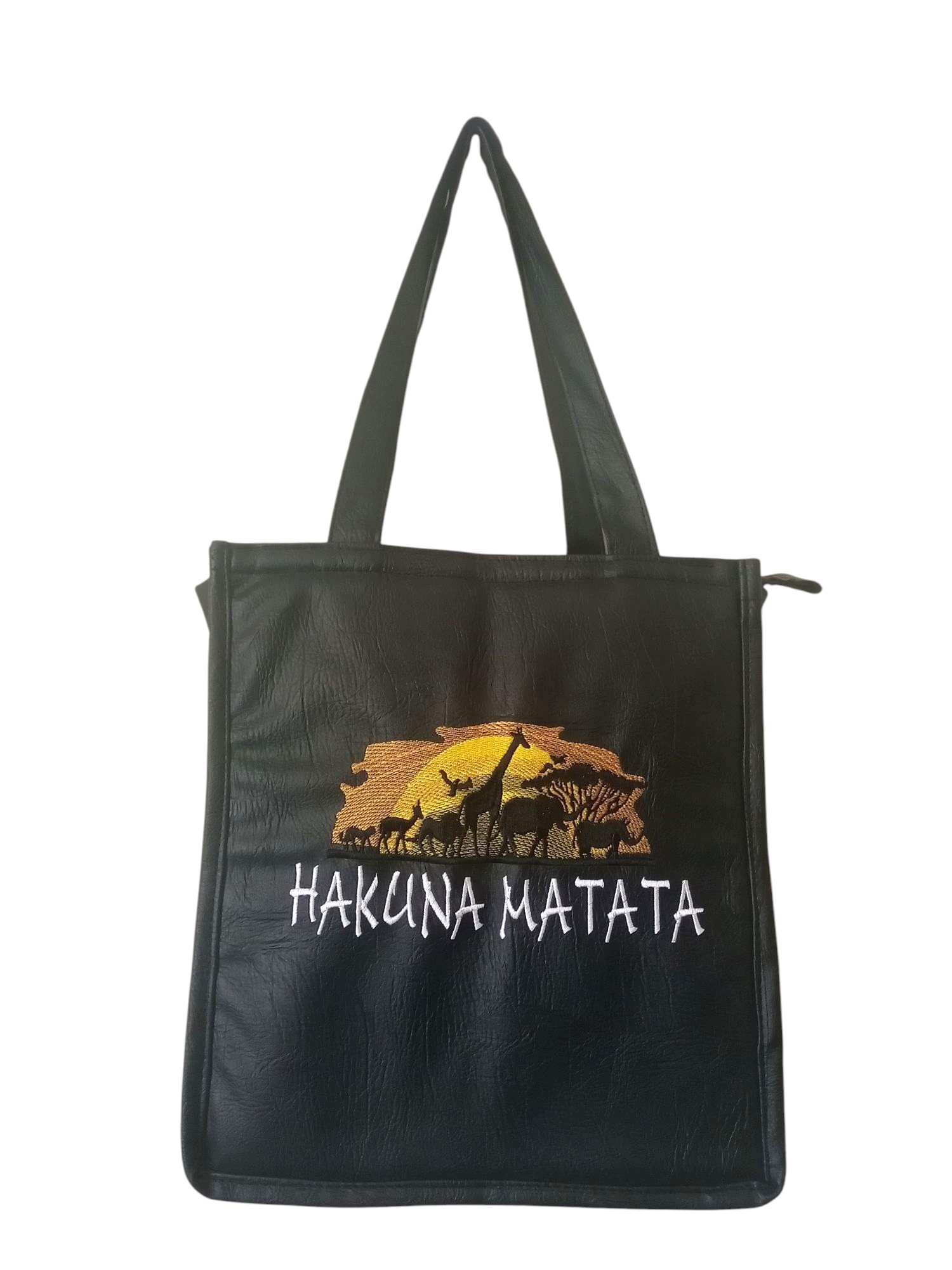 Black "Hakuna Matata" Tote Bag with an African Safari Animal Silhouette in front of a sunset.
