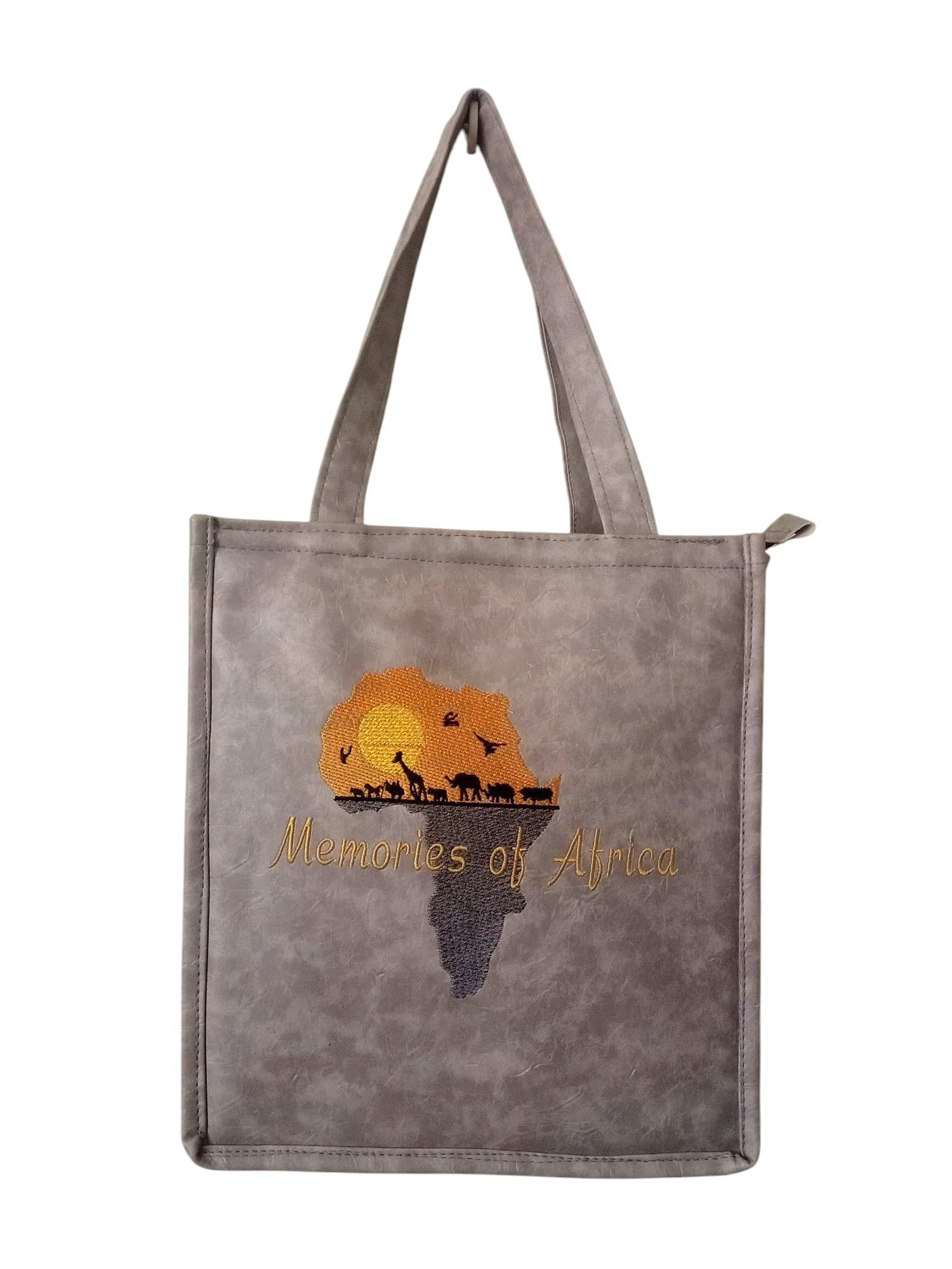 Gray Tote Bag Featuring "Memories of Africa" Embroidered design, Showcasing African Animals and the continent's outline.