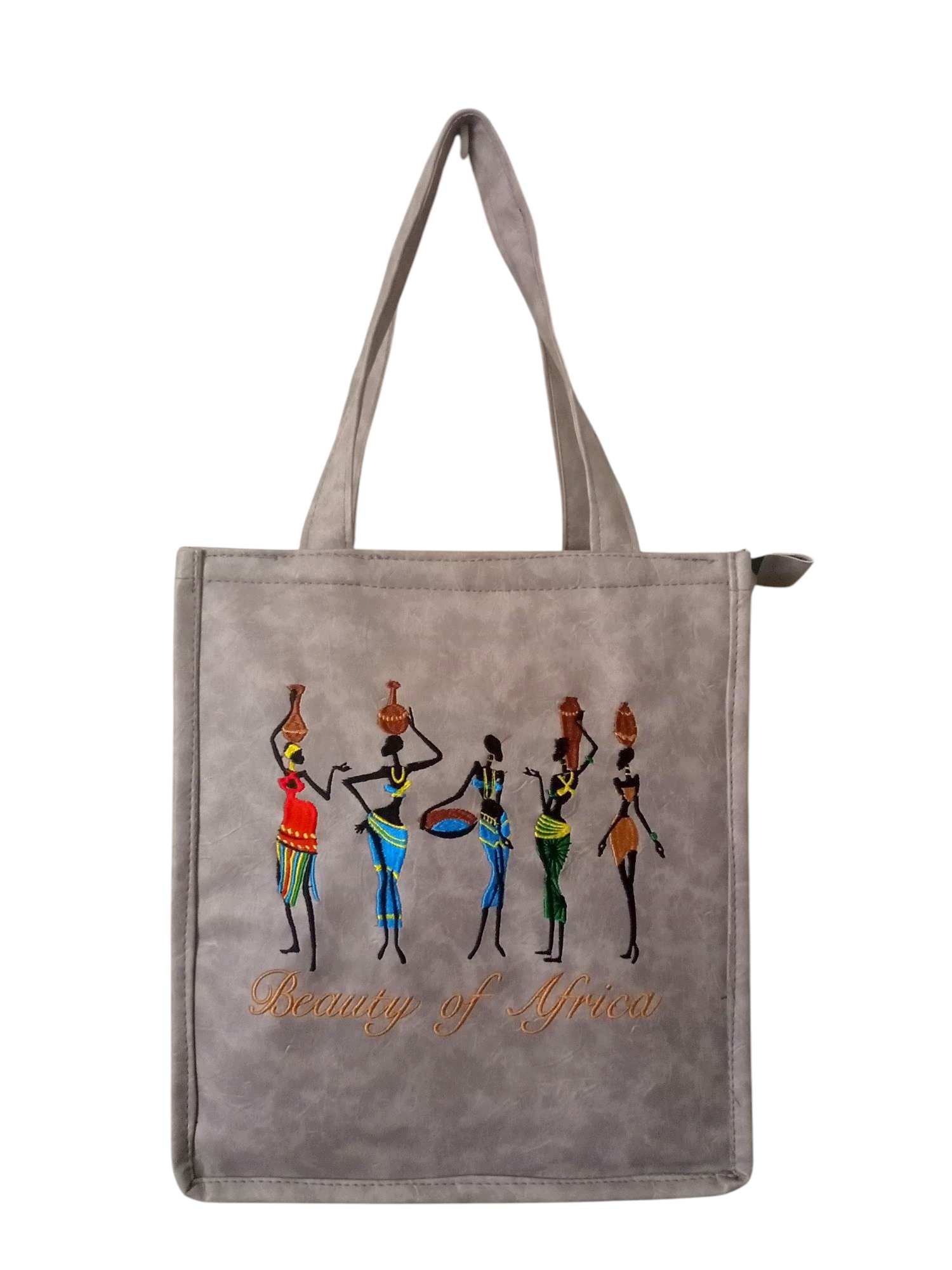Gray Tote Bag with African Women Carrying Pots on their heads, Embroidered with "Beauty of Africa."