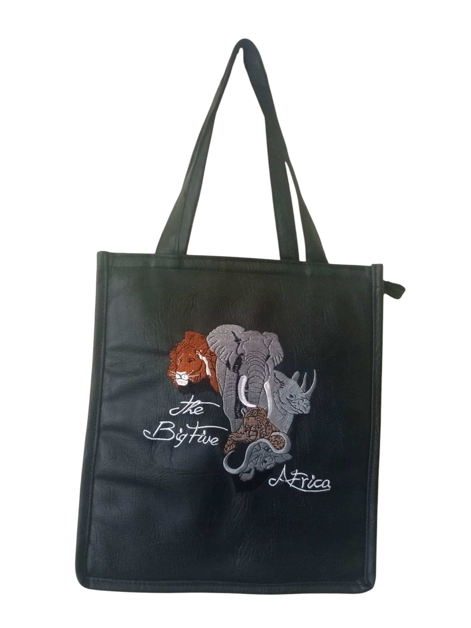 Black Tote Bag Featuring "The Big Five" African Animals embroidery: lion, elephant, rhino, buffalo, and leopard.