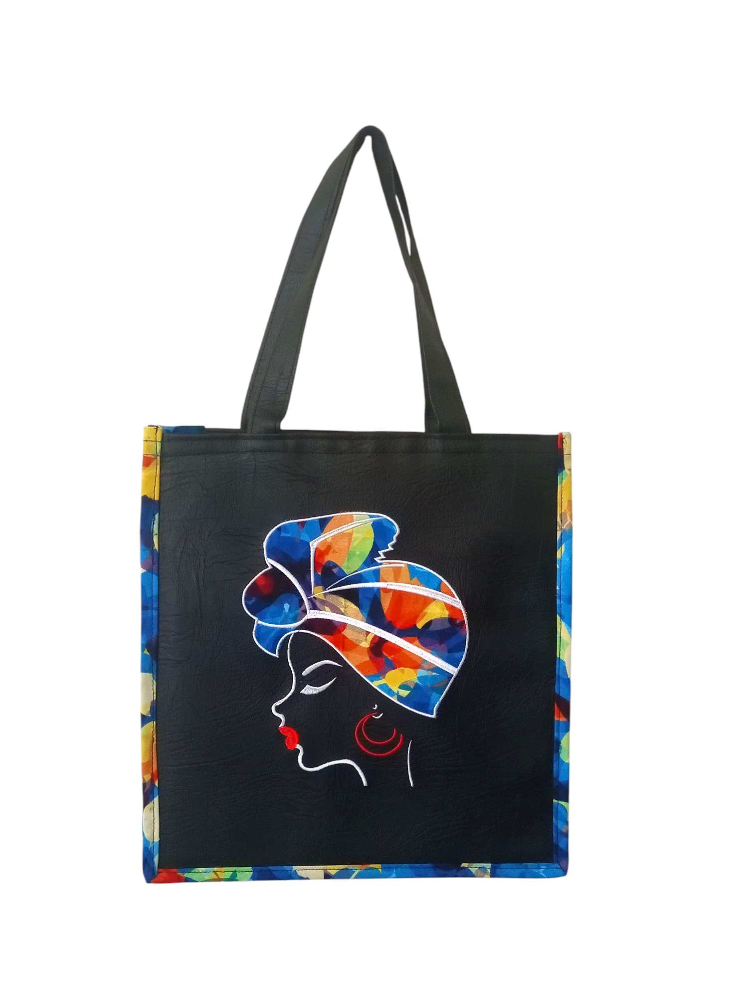 Stylish Black Tote Bag Featuring a Vibrant woman's Headwrap design.
