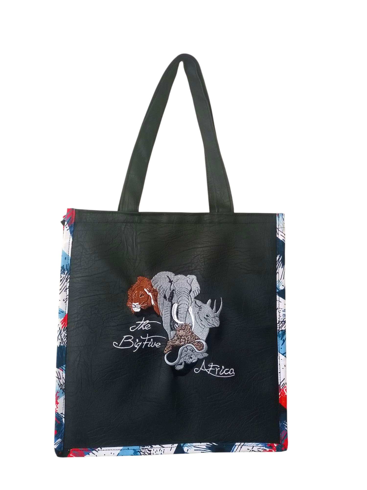 Black Tote Bag Featuring "The Big Five Africa" embroidery, with Colorful Patterned Trim and handles.