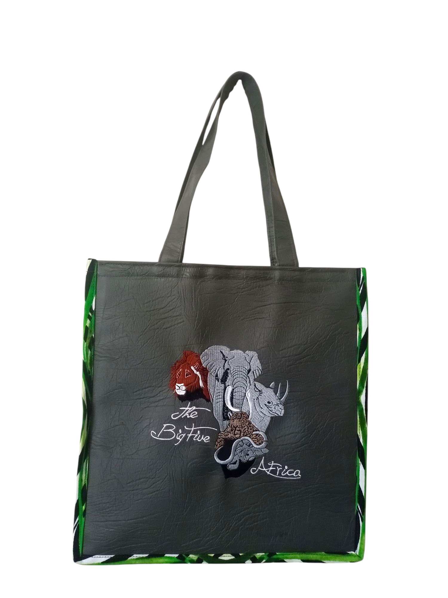 Olive Green Tote Bag with African "Big Five" Animal Embroidery (lion, elephant, rhino, leopard).