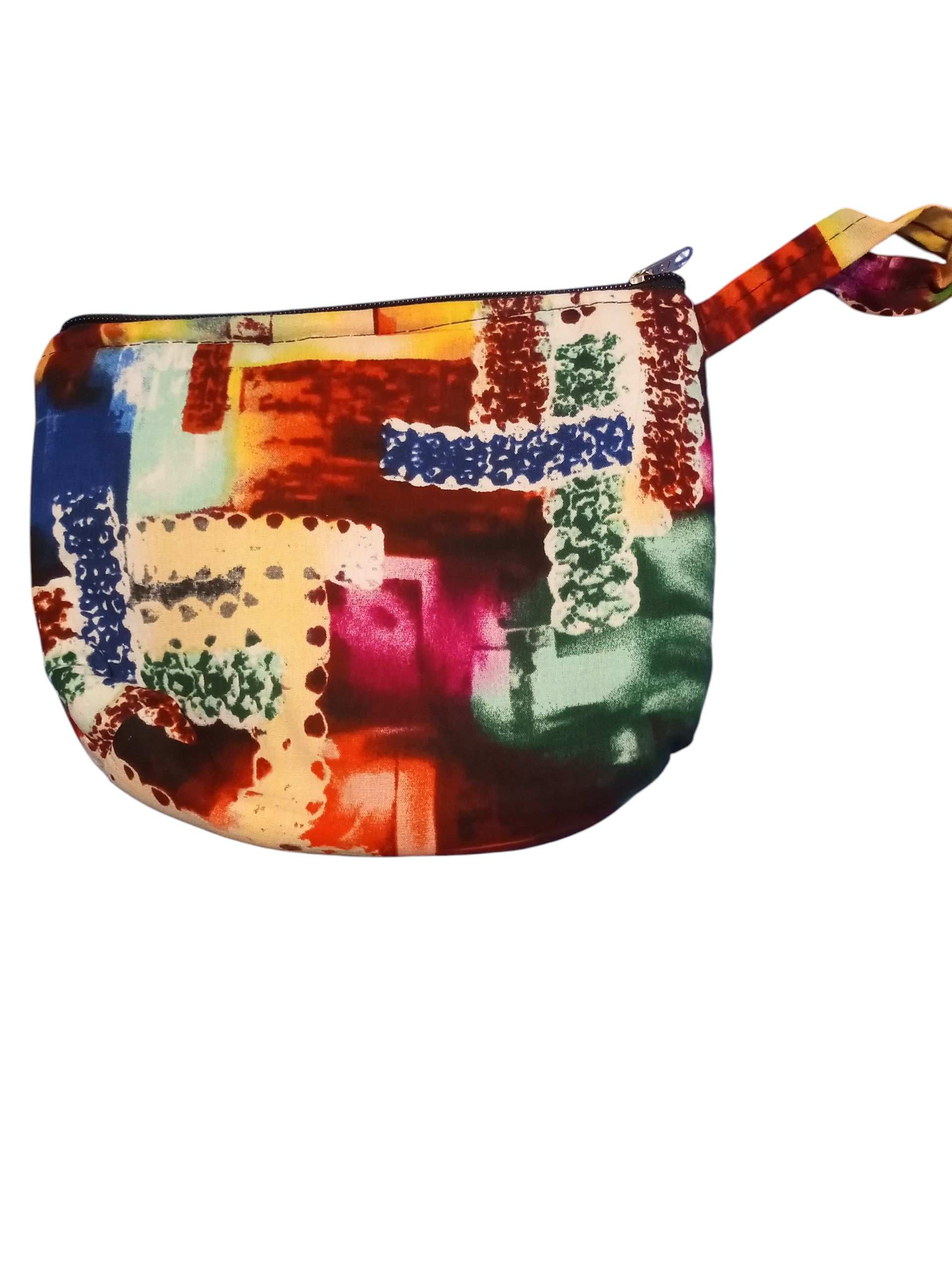 Colorful Fabric Coin Purse with Zipper and handle, Featuring Abstract Patterns and a Playful design.