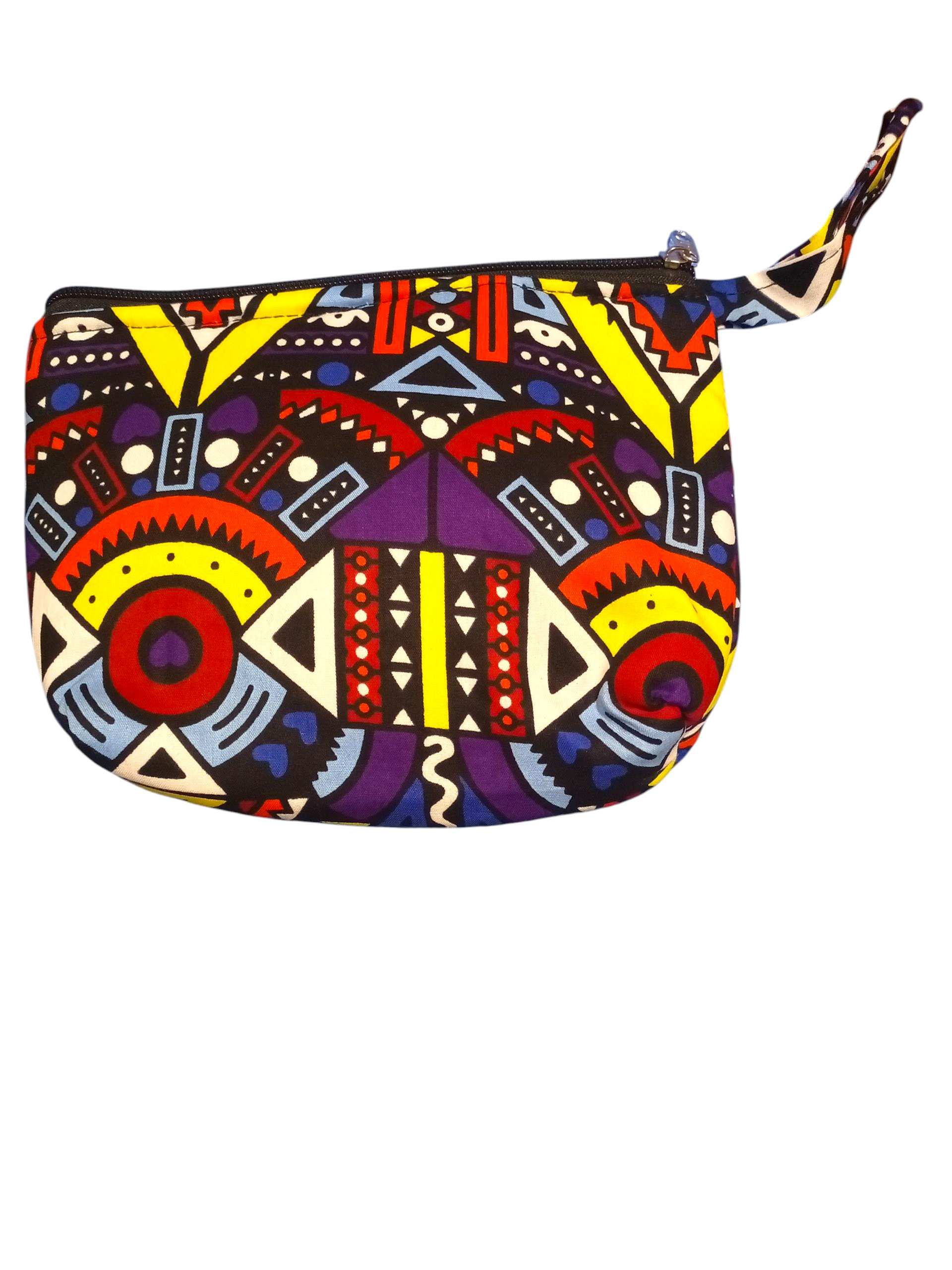 Colorful Patterned Pouch with a Black Zipper and a Fabric handle, Perfect for Carrying Small items.