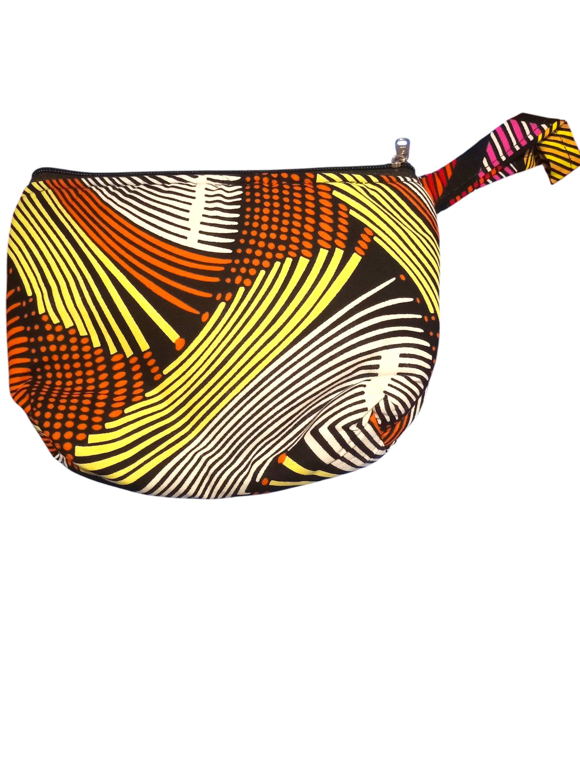A Vibrant Patterned African Wax Print Cosmetic Bag with a Black Zipper and handle.