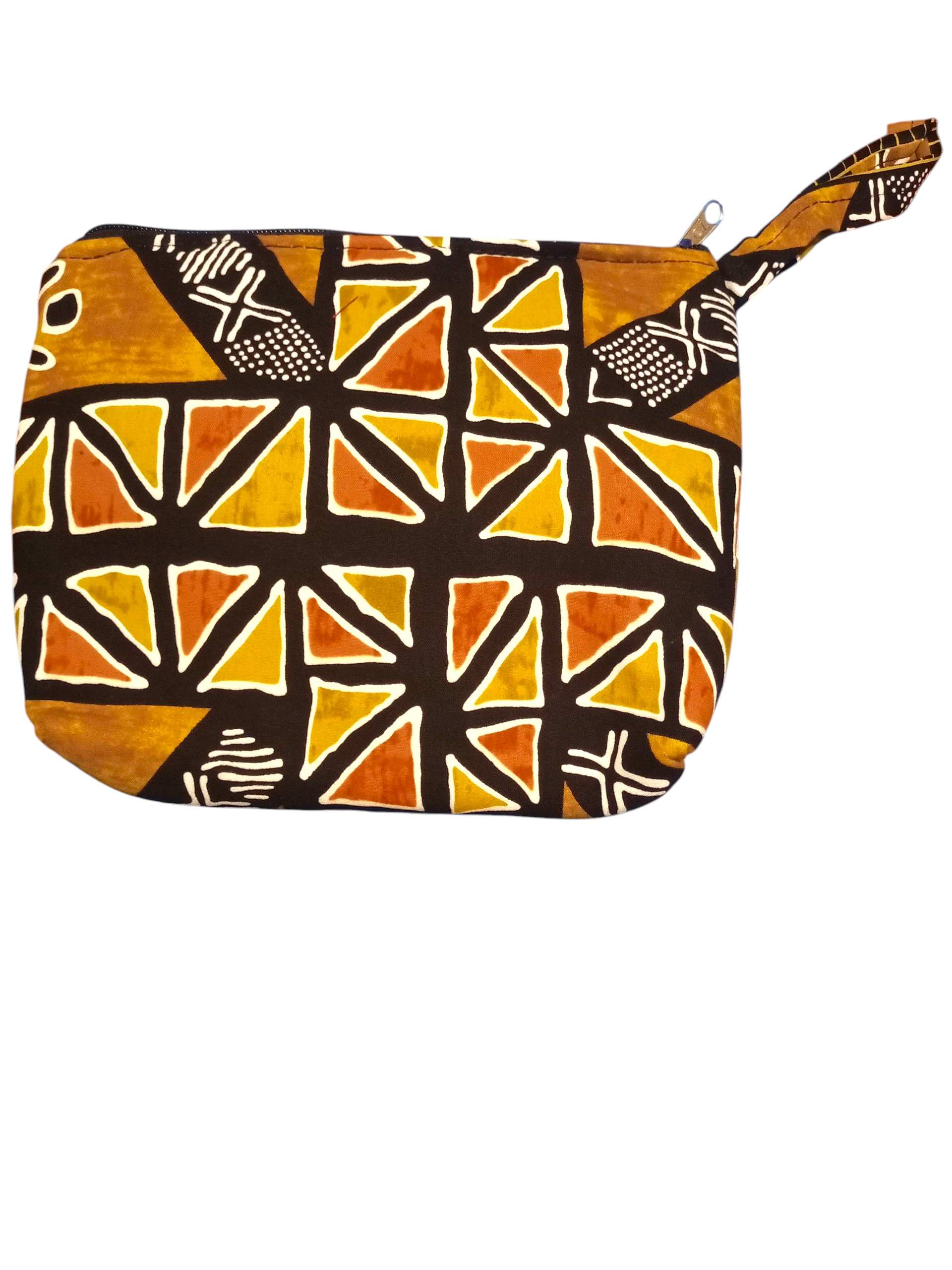 Brown Fabric Pouch with Yellow and Orange Geometric Triangle Pattern and Matching Loop Zipper pull.