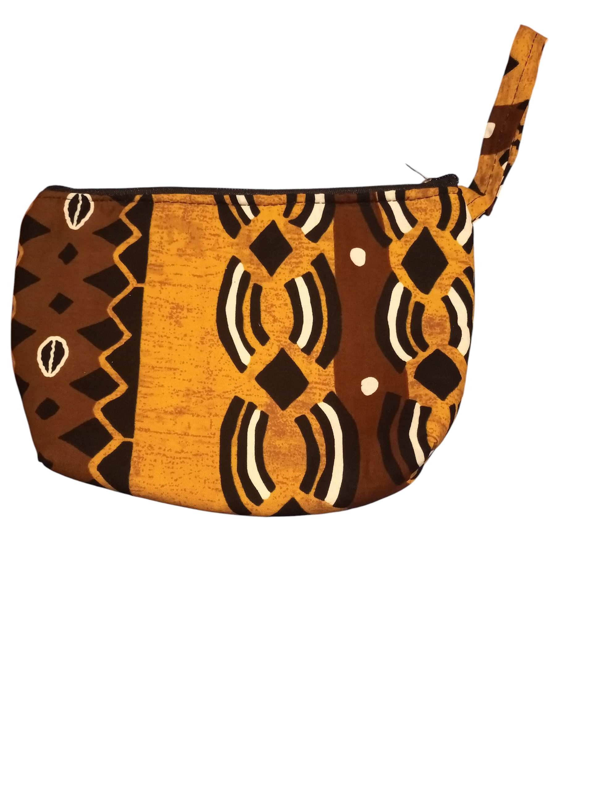 Stylish, Patterned Fabric Coin Purse with brown, gold, and Black Geometric designs.