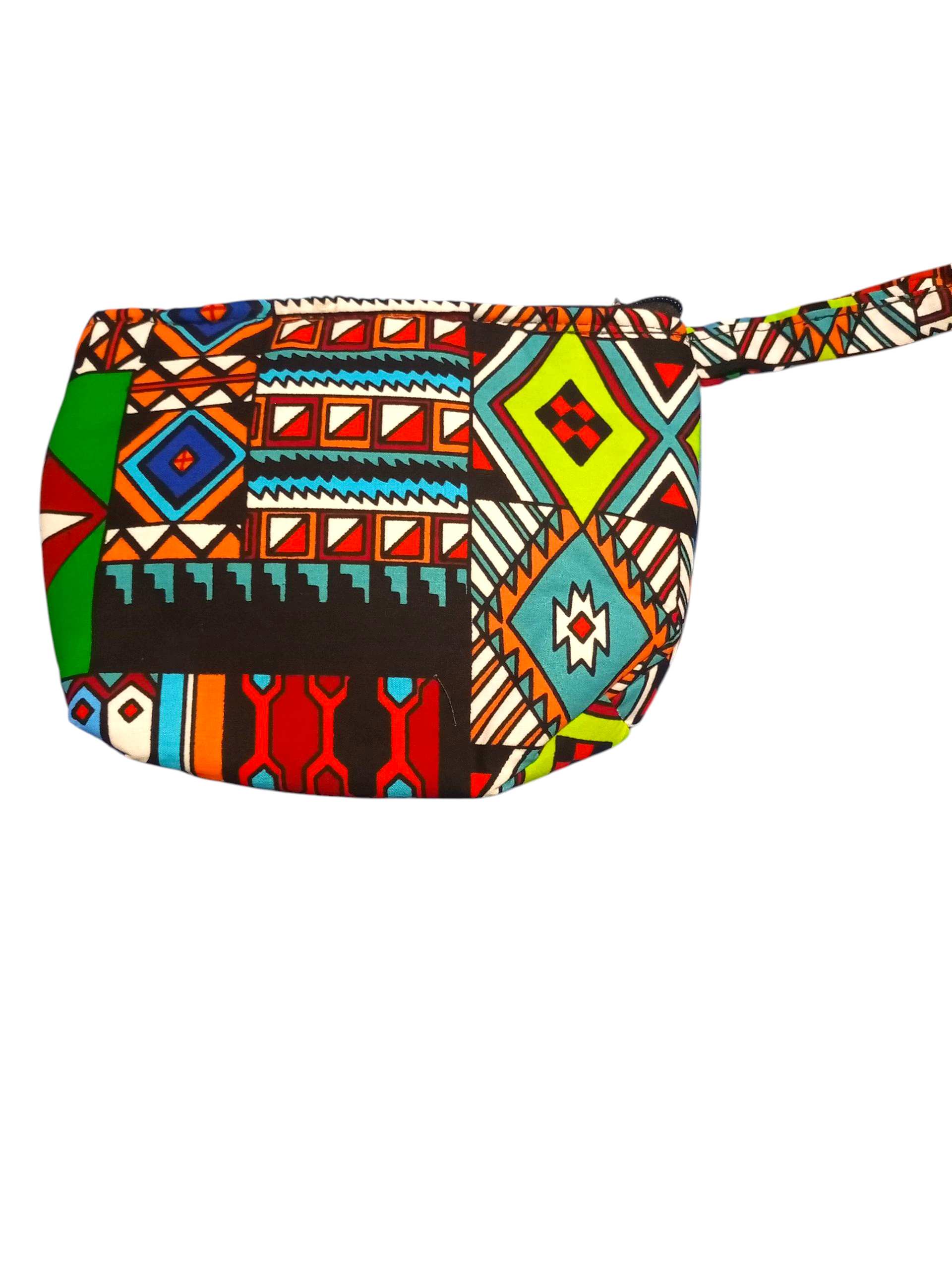 Colorful, Geometric Patterned Cosmetic Bag with a Convenient Carrying strap, Perfect for Makeup or Travel accessories.