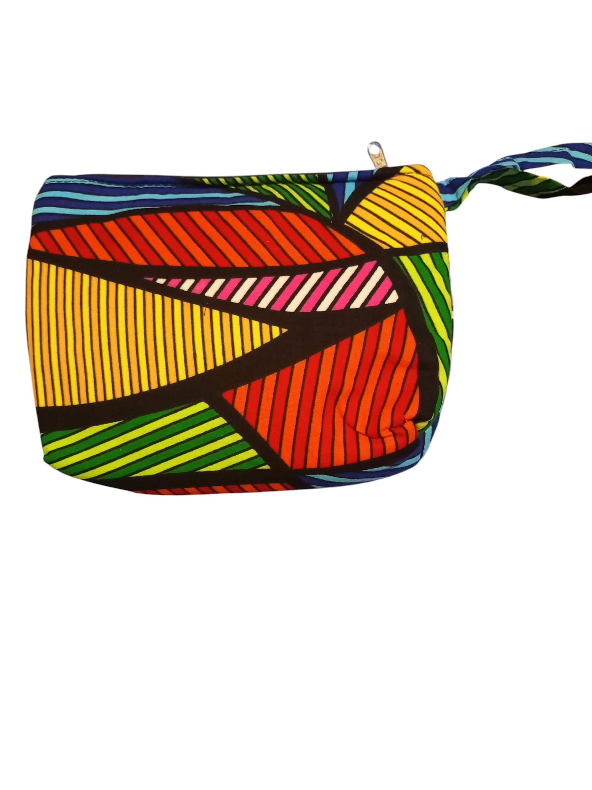 Colorful Geometric Patterned Pouch with a Zipper and Wrist Strap on a White background.