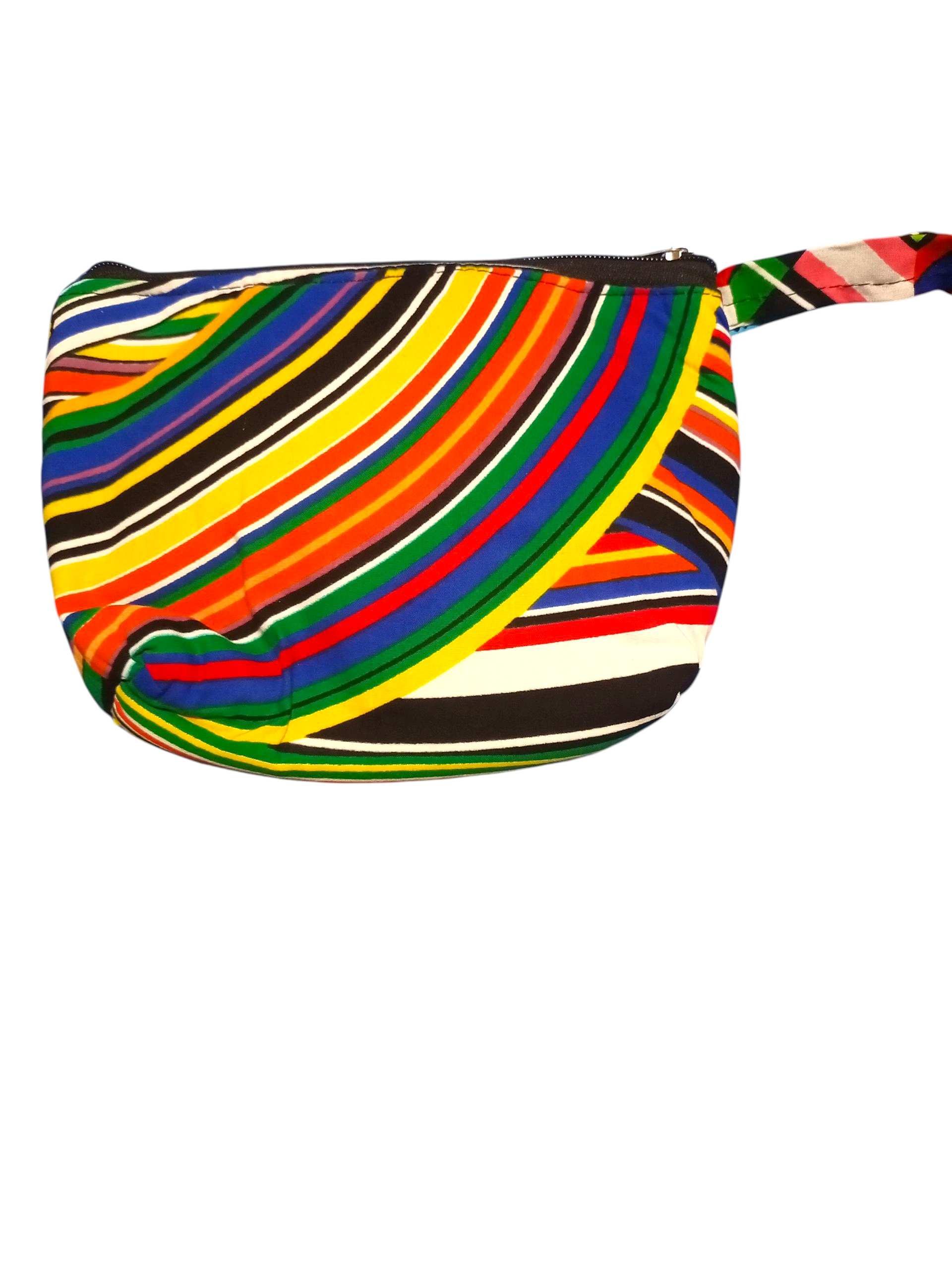 Vibrant, Striped Makeup Bag Featuring a Zipper Closure and Colorful handle.