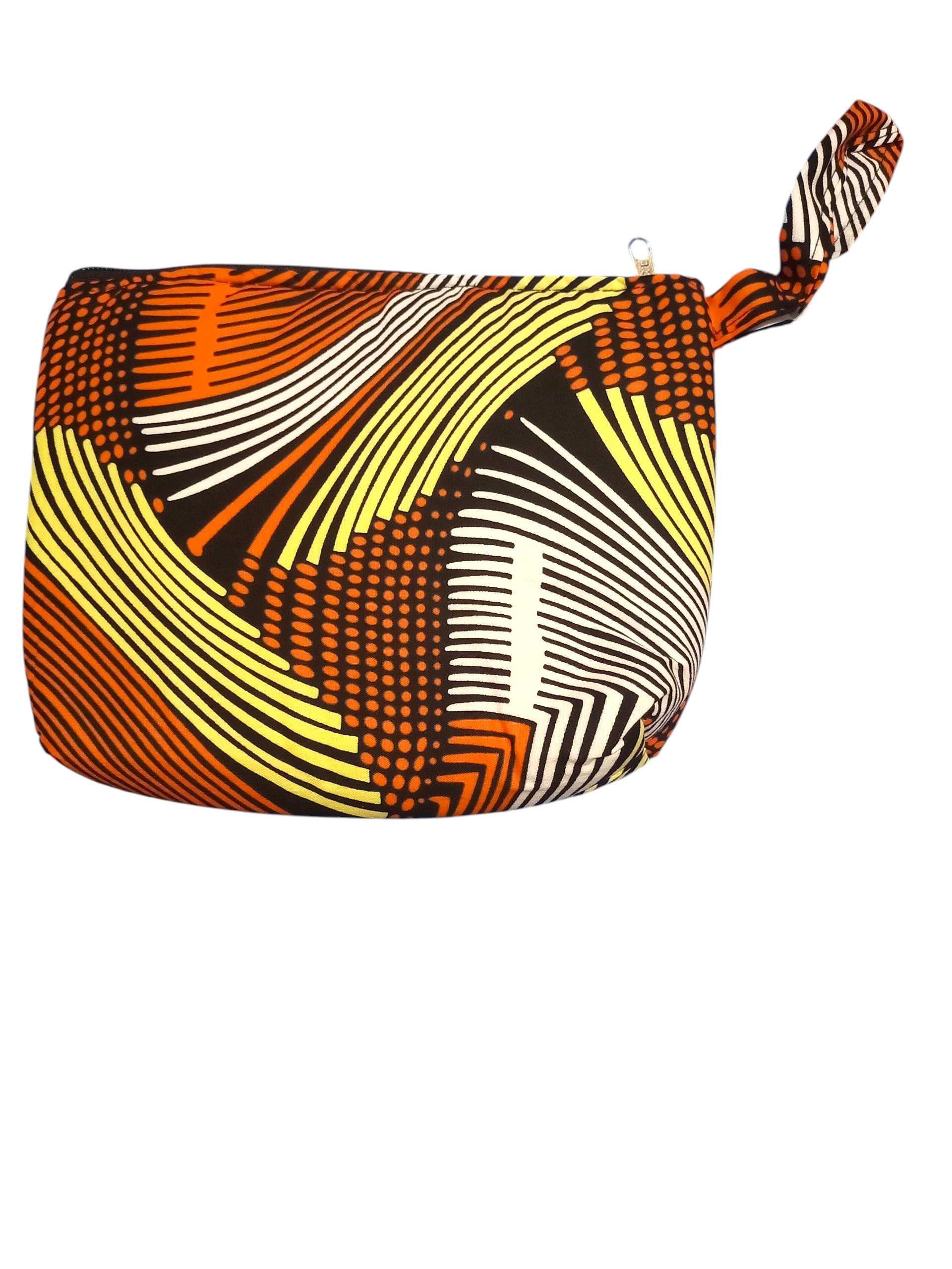 Stylish Ankara Fabric Zippered Pouch Featuring Vibrant orange, yellow, and Black Geometric Patterns with a Knotted handle.