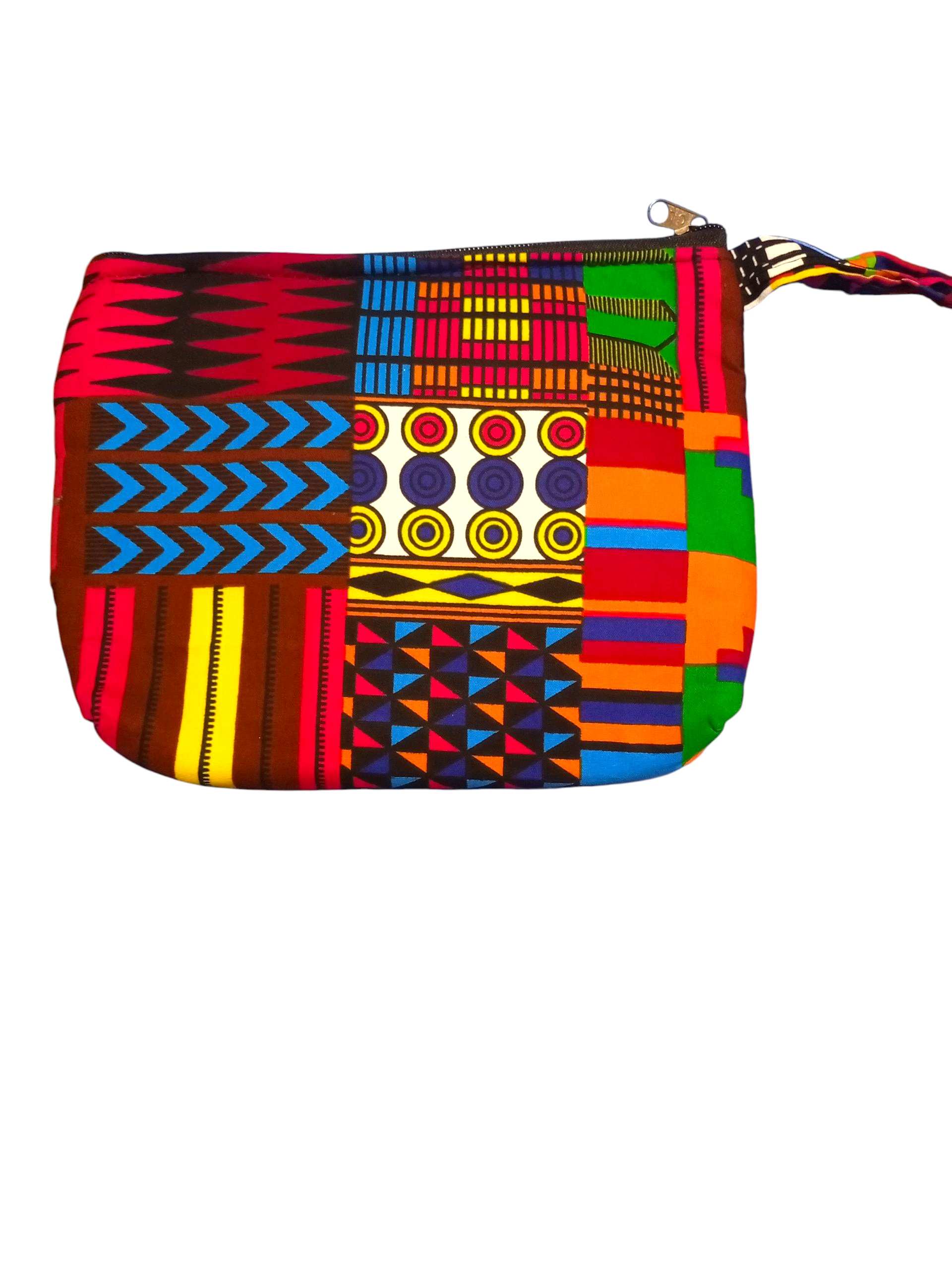 Colorful, Patterned Patchwork Kente Cloth Clutch with Zipper Closure and Wrist strap.