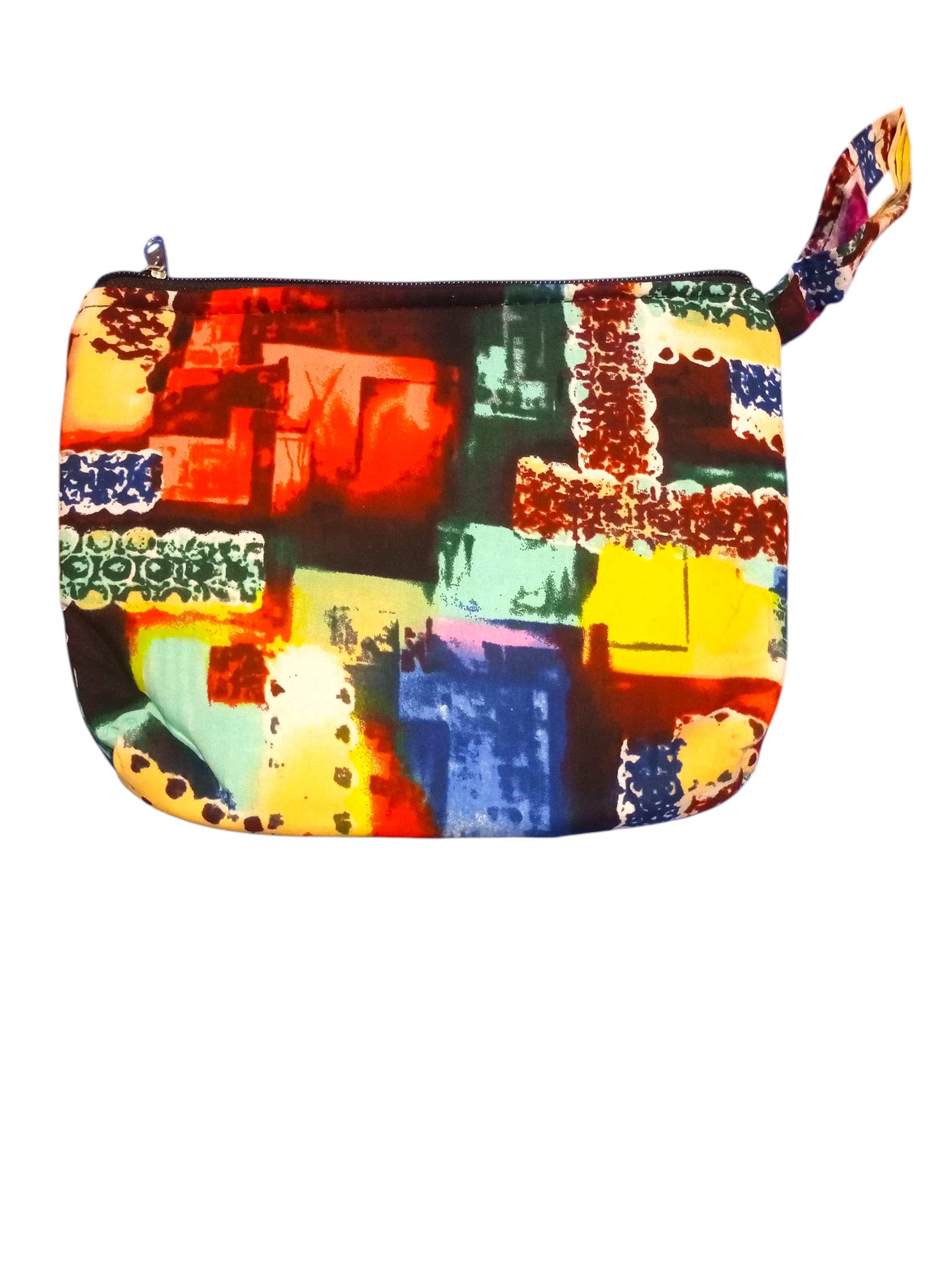 Colorful patchwork-patterned Pouch with a Zipper and a Knotted Fabric Handle