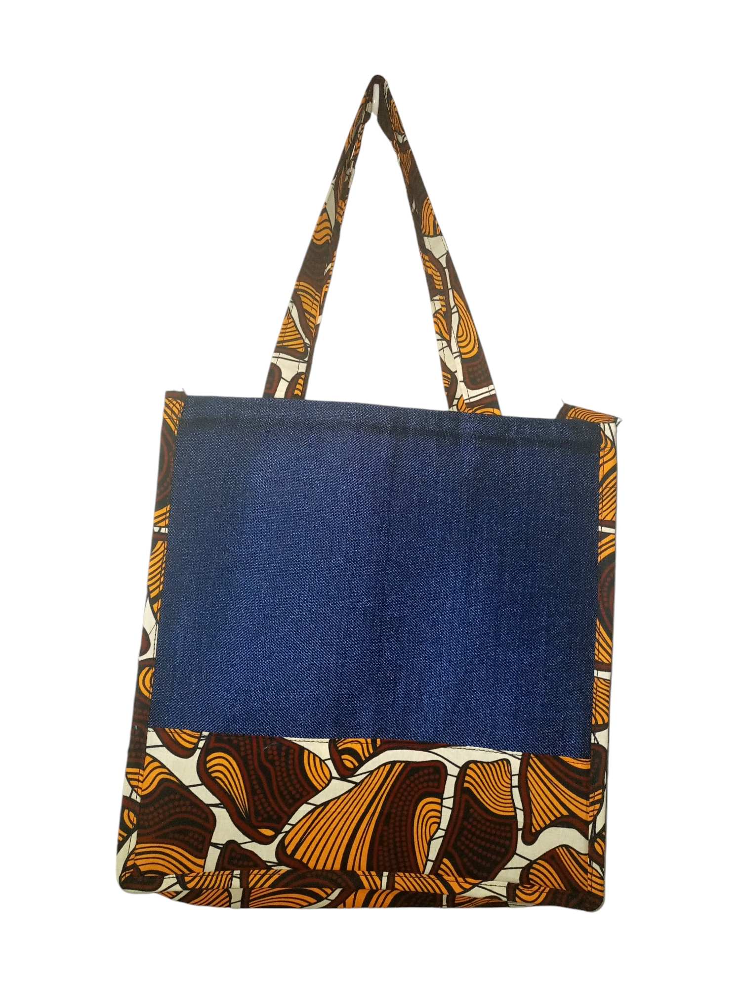 Denim Tote Bag with African Print Trim and straps, Showcasing Vibrant Brown and Orange Patterned fabric.