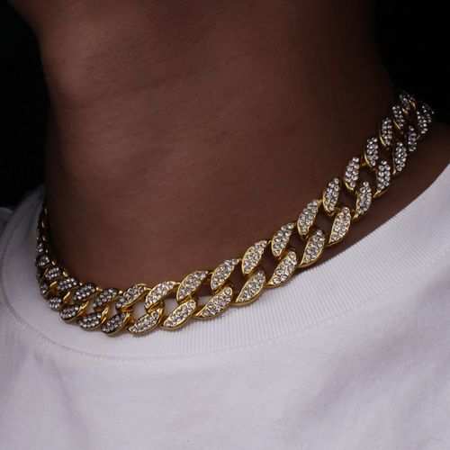Fashion Rhinestone Cuban Chain Men's Hip Hop Necklace Bracelet Women's Jewelry - Gold