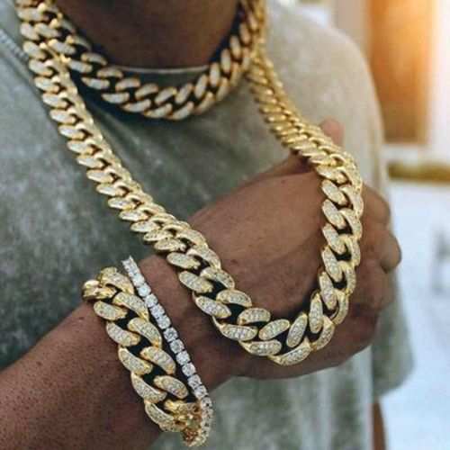 Fashion Full Iced Out Paved Rhinestones Gold Chain Bling
