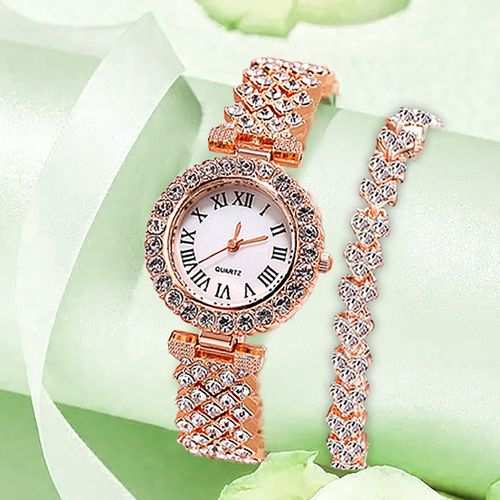 Fashion Elegant Studed Ladies Wristwatch With Hand Chain-Rose