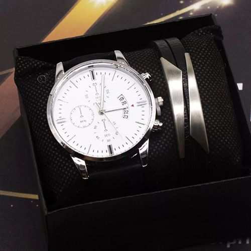 Fashion 2 In 1 Men's Quartz Watch Bracelet Set With Alloy Case And Leather Band - image 2