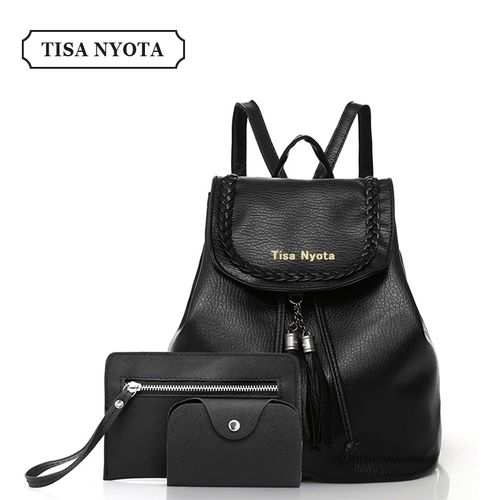 Tisa Nyota Women Backpack PU Leather Handbag Travel Shoulder Handbag 3pcs-Black