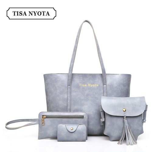 Tisa Nyota Ladies Handbag Zipper Shoulder Tote Bag PU Leather 4 Pcs