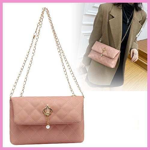 Fashion Diamond Checked Crown Pearl Chain Multifunctional Shoulder Bag Crossbody Purse