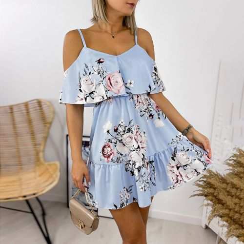 Fashion Grown Women Elegant Floral Print V-neck Dress - Blue