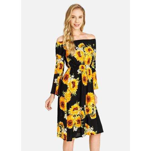 Fashion Women's Floral Print Off Shoulder Trumpet Long Sleeve A Line Dress
