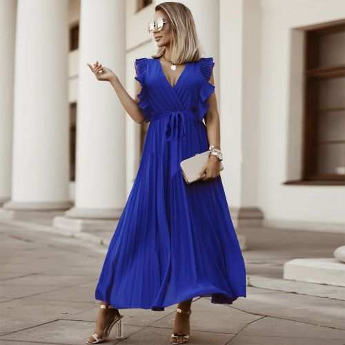 Generic Women Slim Sexy Lotus Leaf Sleeve Chiffon Pleated Skirt Solid Color Dress