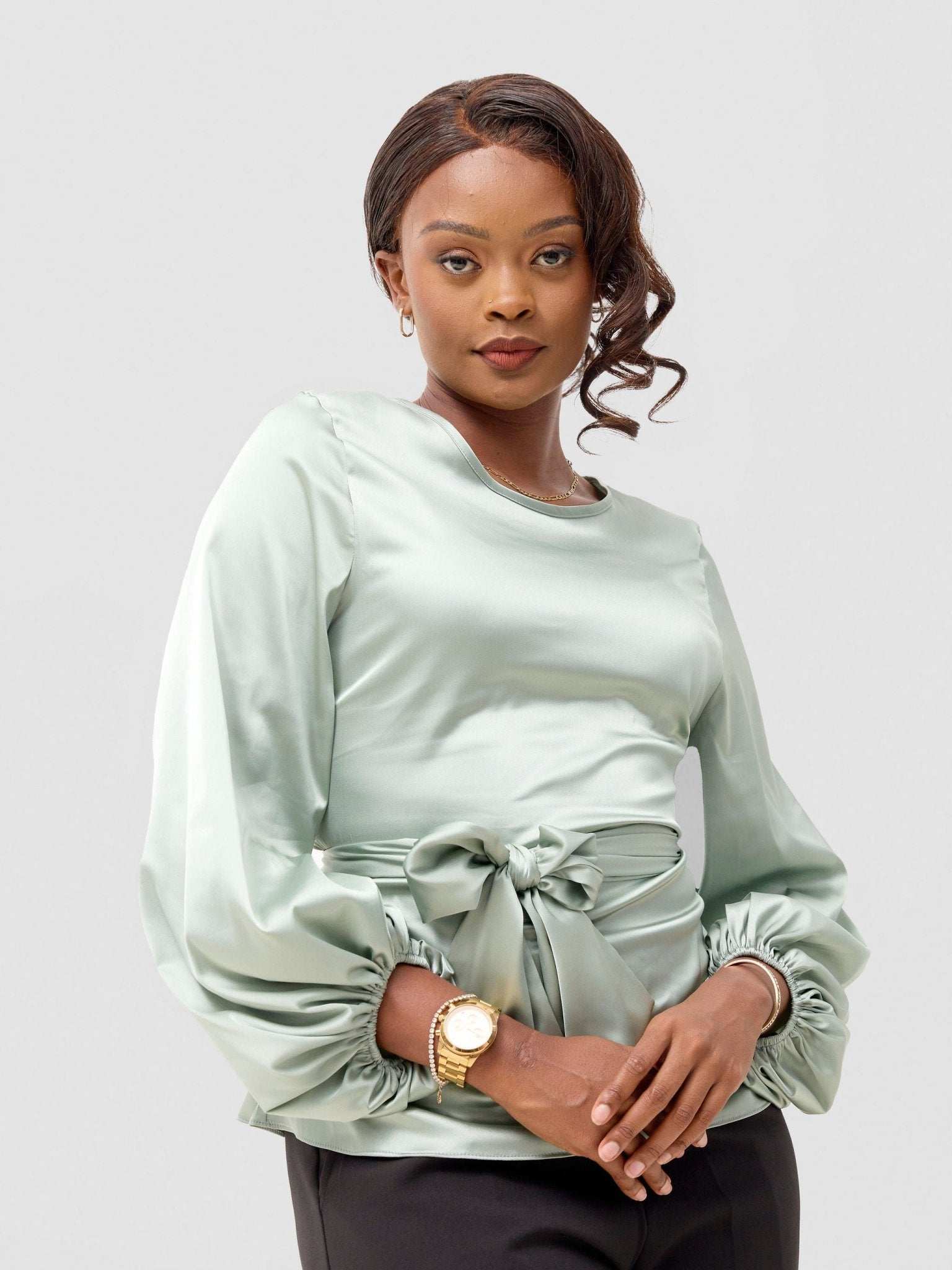 Vivo Basic Izzy Satin Bishop Sleeve Top - Mint - image 5