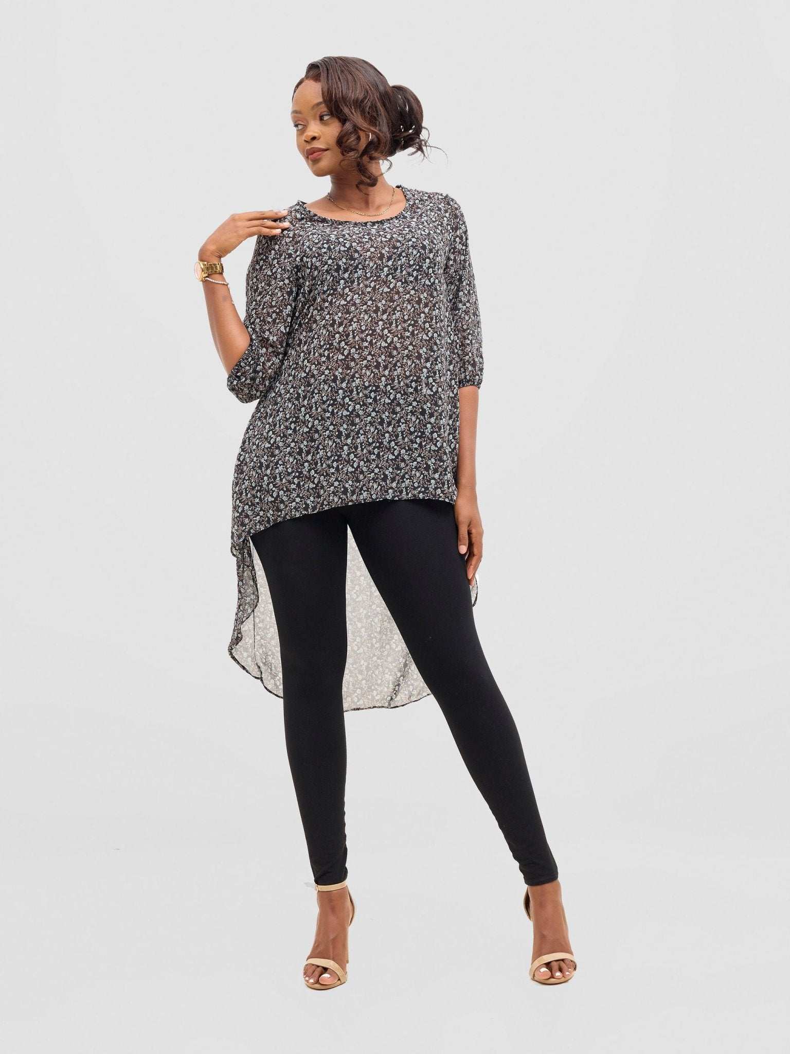 Vivo Basic Nalia High-low Chiffon Top - Black / Blue Print - image 2