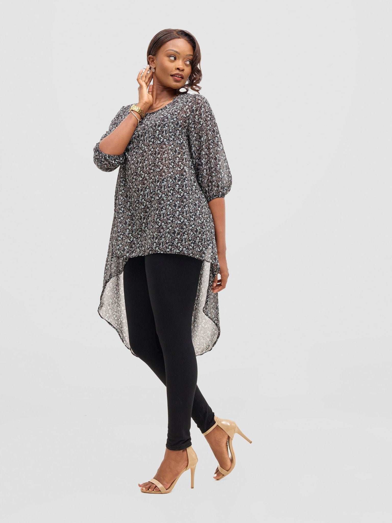 Vivo Basic Nalia High-low Chiffon Top - Black / Blue Print - image 3