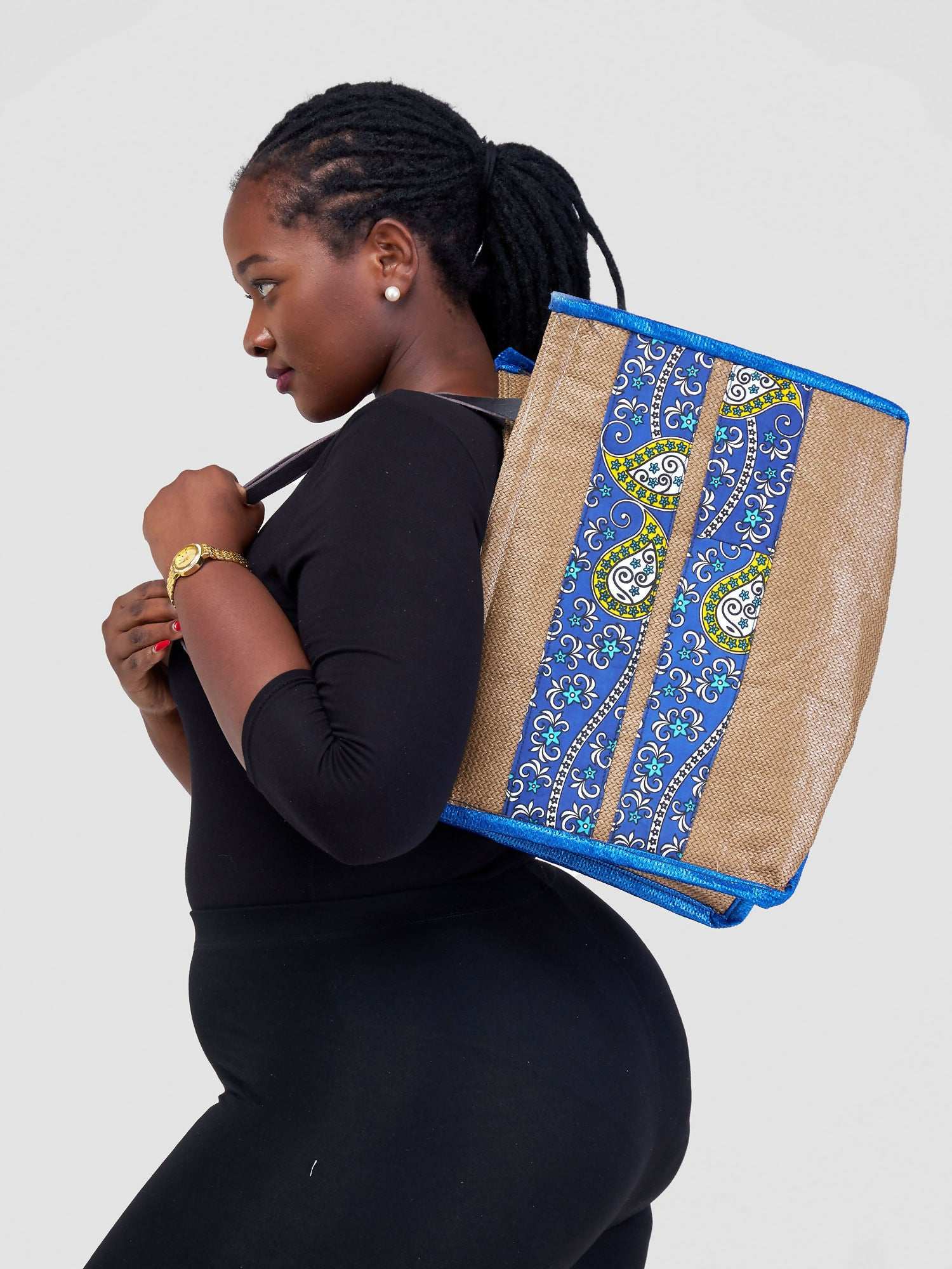 Jute Tote Bag - Brown / Blue Print - image 1