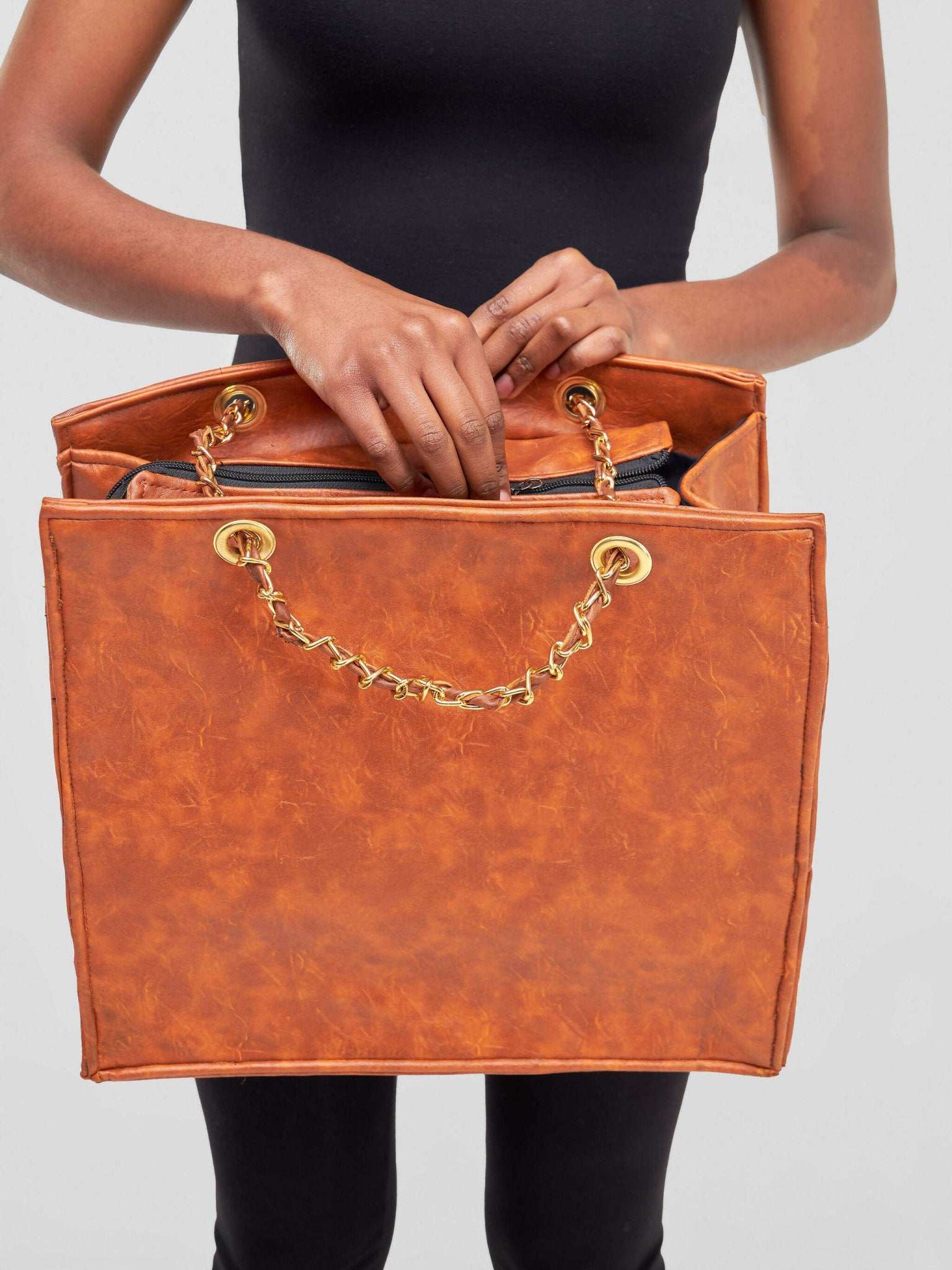 Khay Designs Flat Base Chained Leather Handbag - Brown - image 9