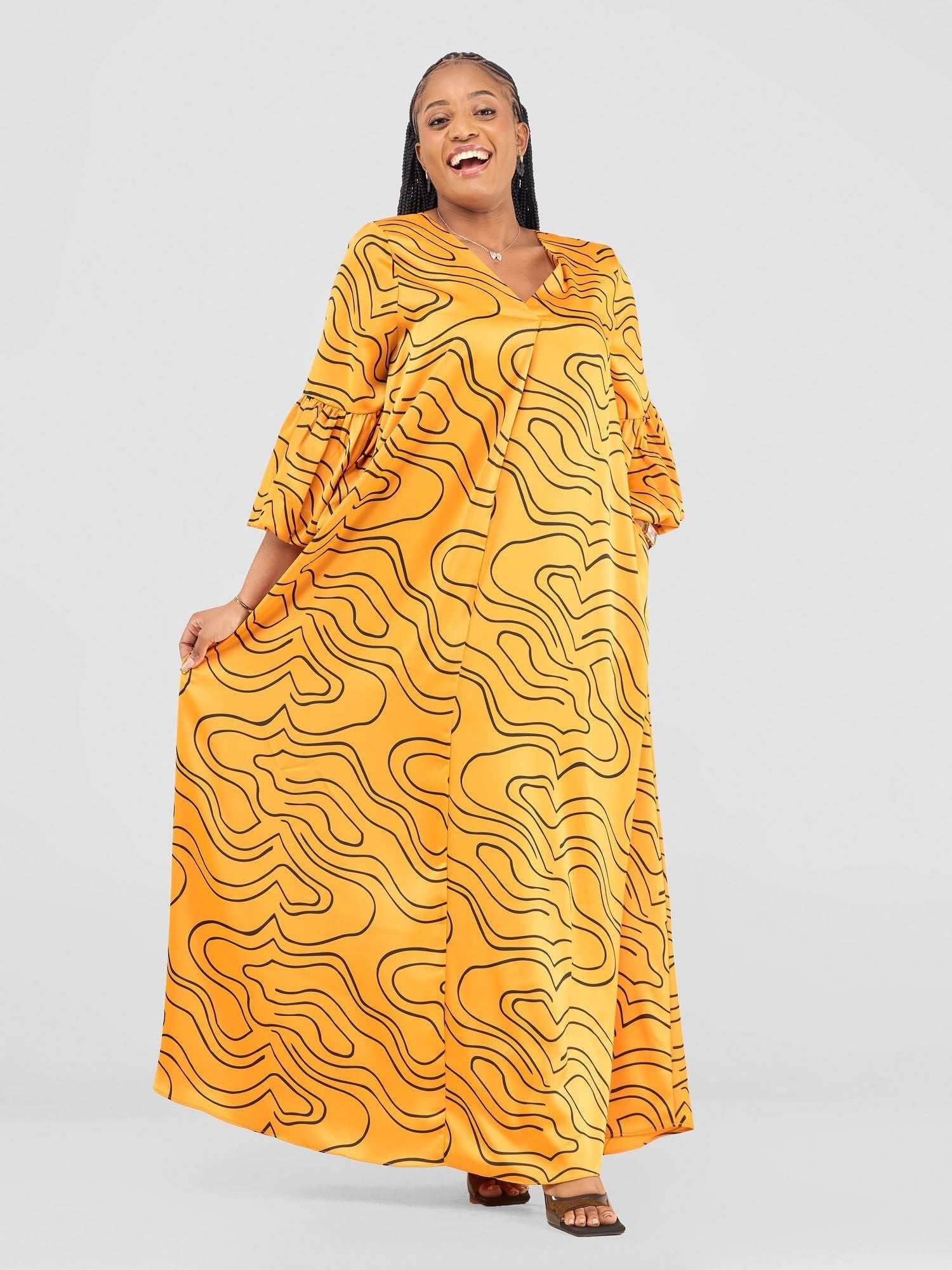 Vivo Hanabi Tent Maxi Dress - Mustard/ Black Hini Print - image 1