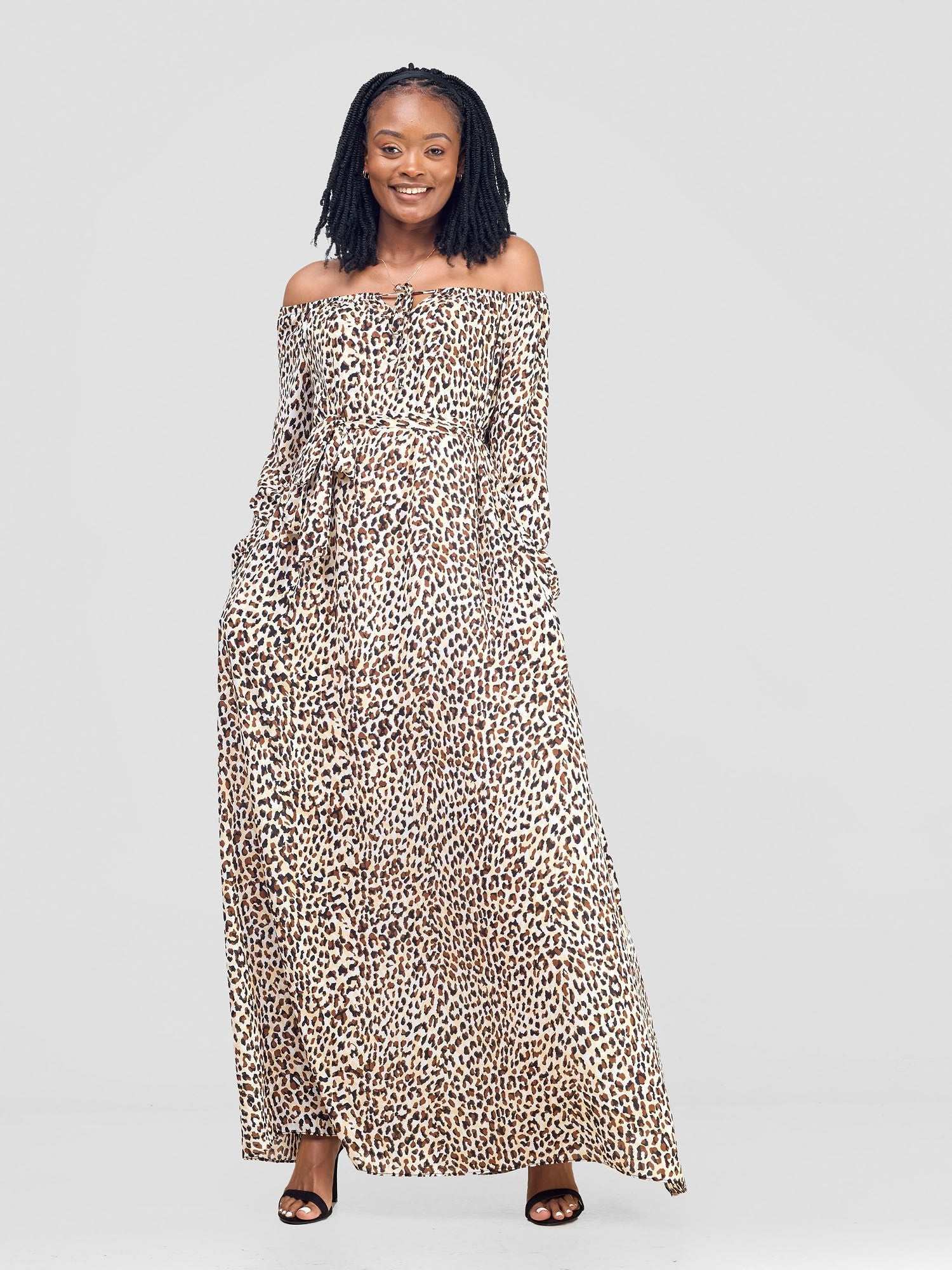 Vivo Zahari Off-Shoulder Maxi Dress - Brown / Beige Print - image 3