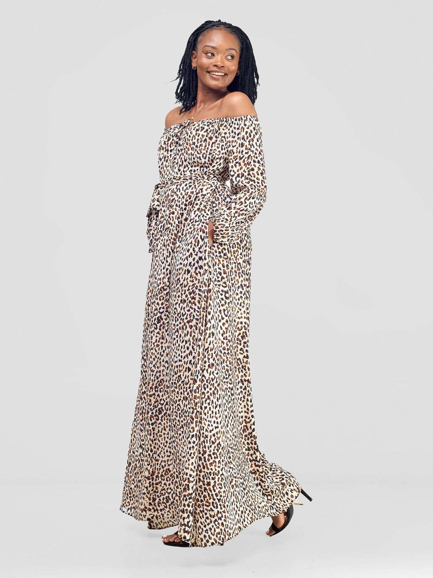 Vivo Zahari Off-Shoulder Maxi Dress - Brown / Beige Print - image 1