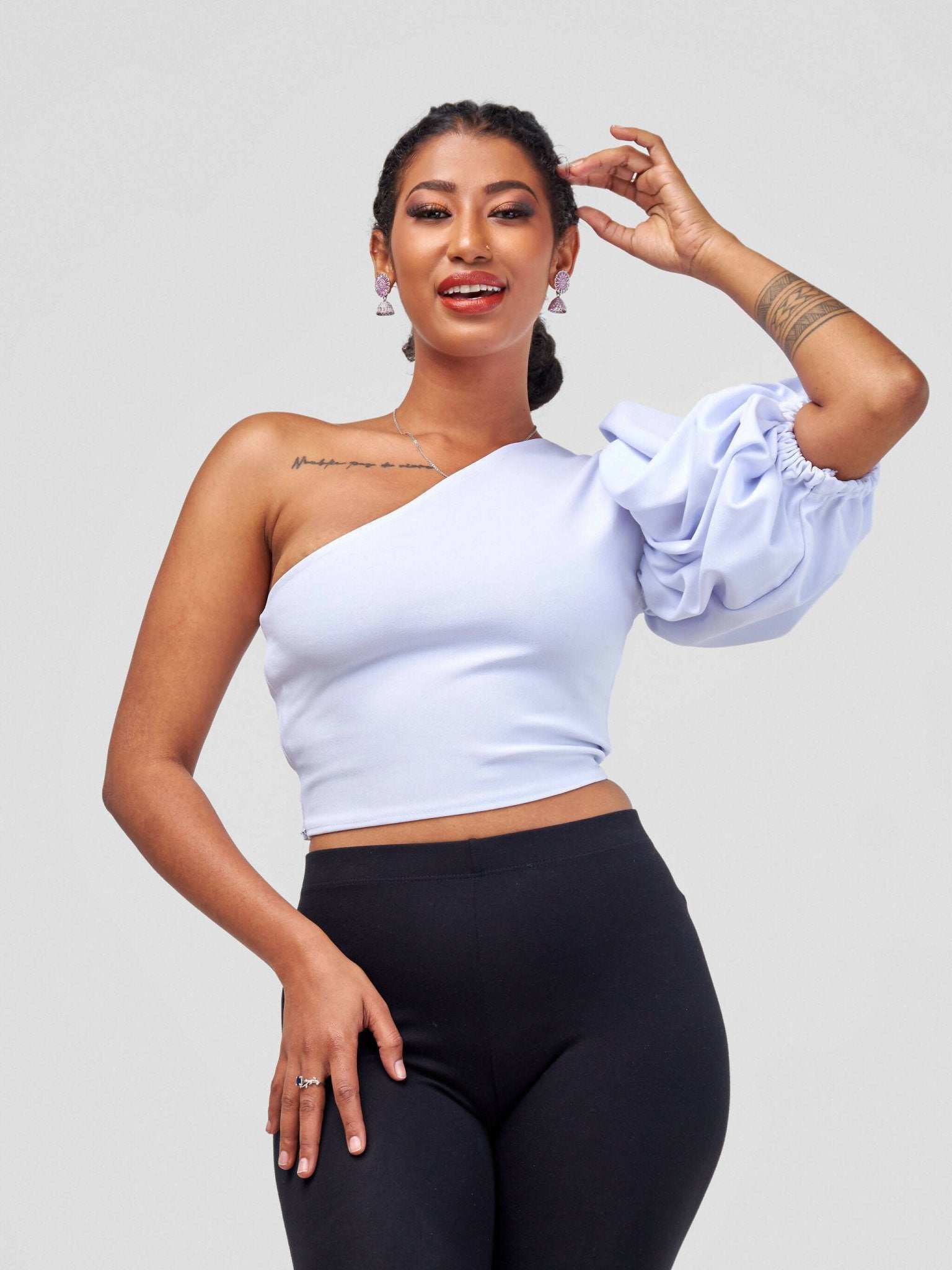 Chic Clique One Hand Ruffle Sleeve Top - White - image 2
