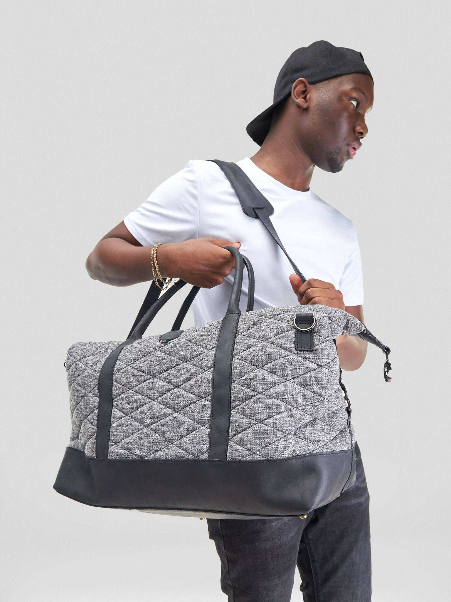 Mubi Leather Jowi Linen Travel Bag - Black/Cream - image 2