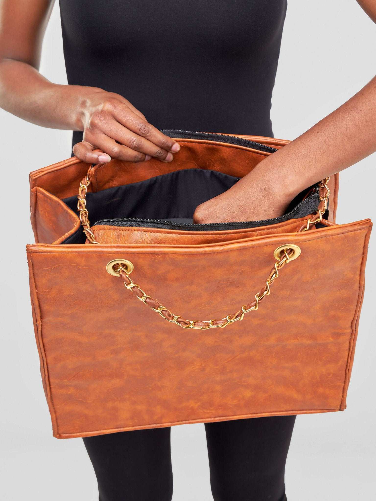 Khay Designs Flat Base Chained Leather Handbag - Brown - image 8