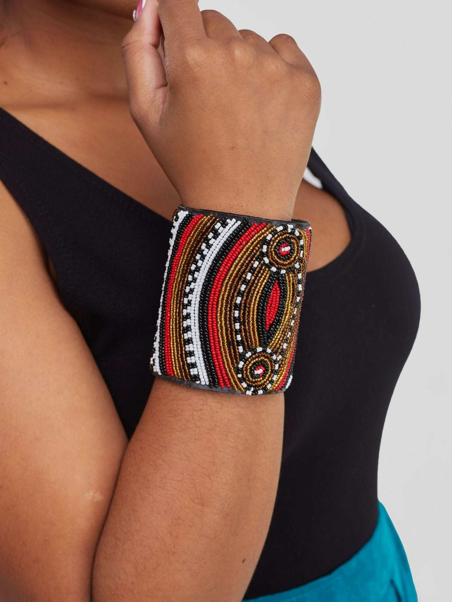 Wide Colored Leather Bangle - Red / Black - image 2