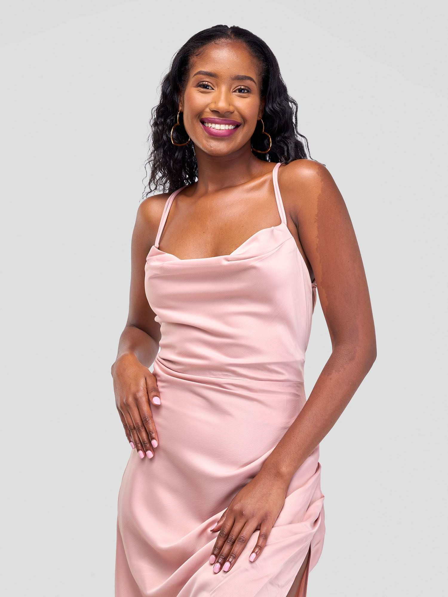 Backless Strappy Satin Dress  With High Side Slit - Baby Pink - image 3