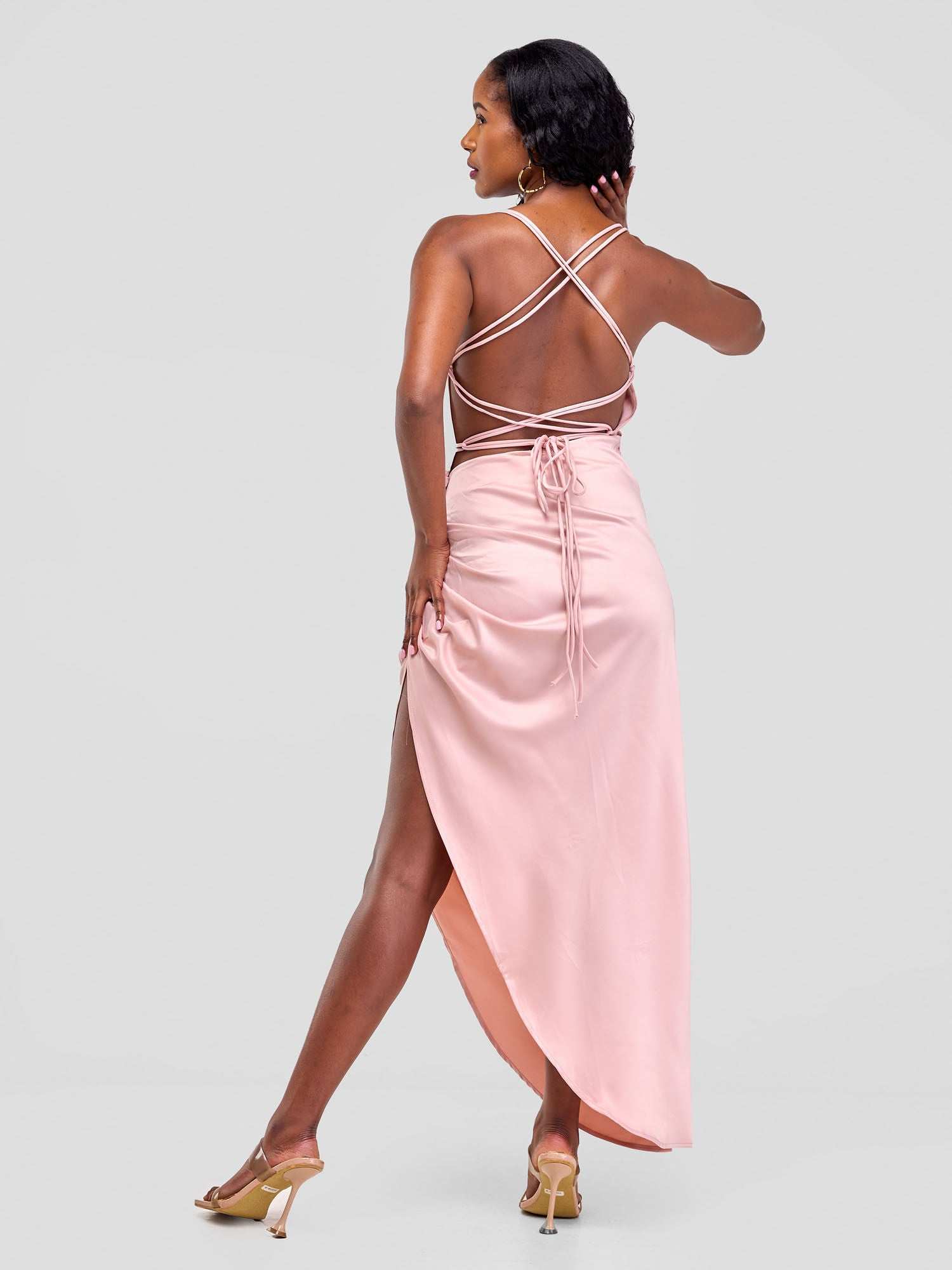 Backless Strappy Satin Dress  With High Side Slit - Baby Pink - image 7