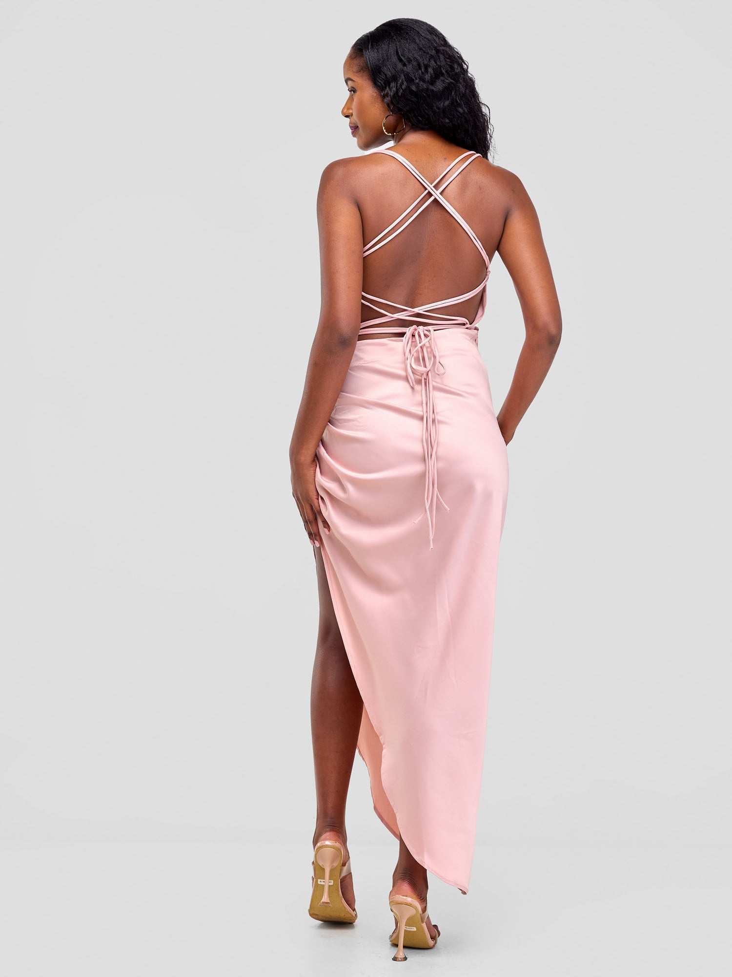 Backless Strappy Satin Dress  With High Side Slit - Baby Pink - image 9